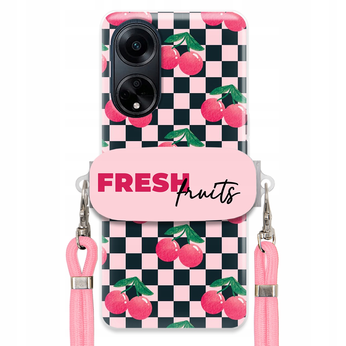 Puzdro pre Oppo A98 5G Vodítko Pink Crossbody držiak šachovnice Fresh Fruits