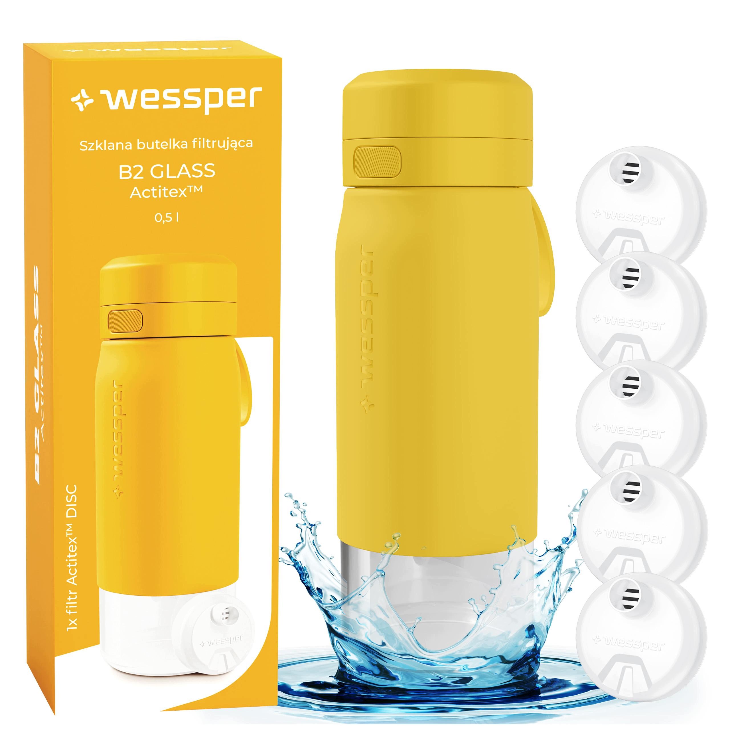 Skleněná filtrační láhev láhev na pití na vodu Wessper B2 Actitex 500 ml 5x filtr
