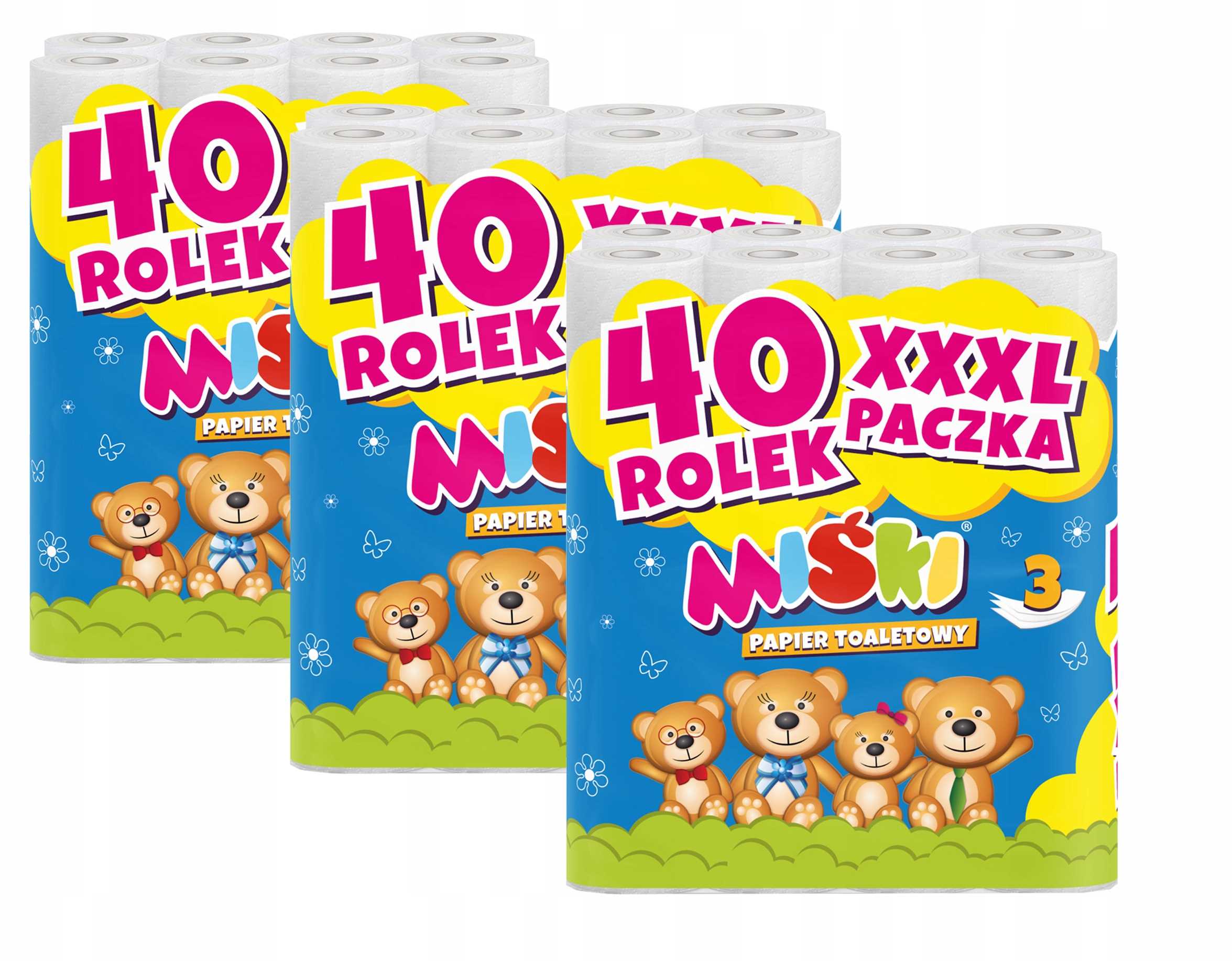 Toaletní Papír Miśki Bílý 3VRSTVÝ, Měkký, Sada 120 Rolí