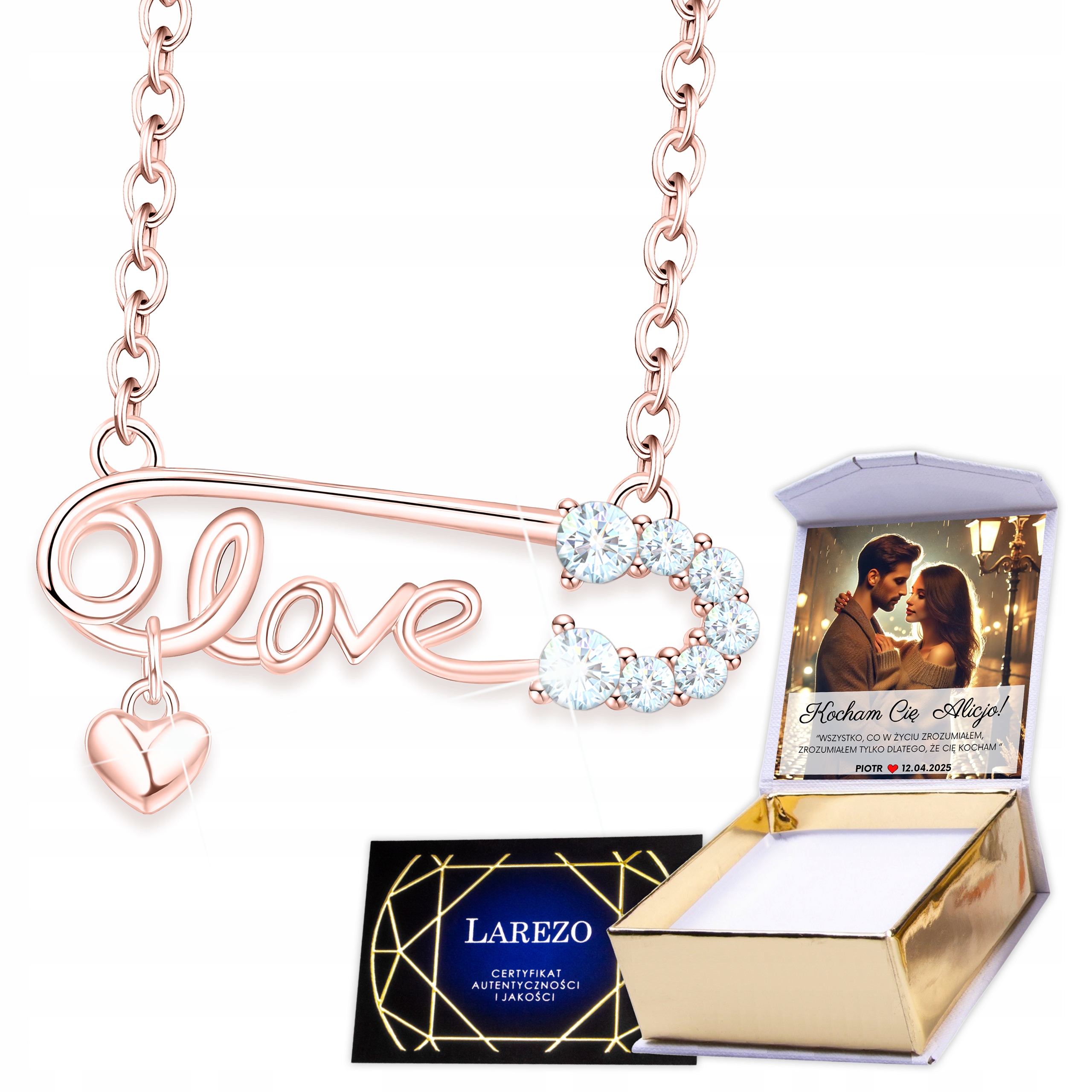 Náhrdelník Pozlacený 925 Nápis Miluji tě s Zirkony Závěsné srdce Potisk