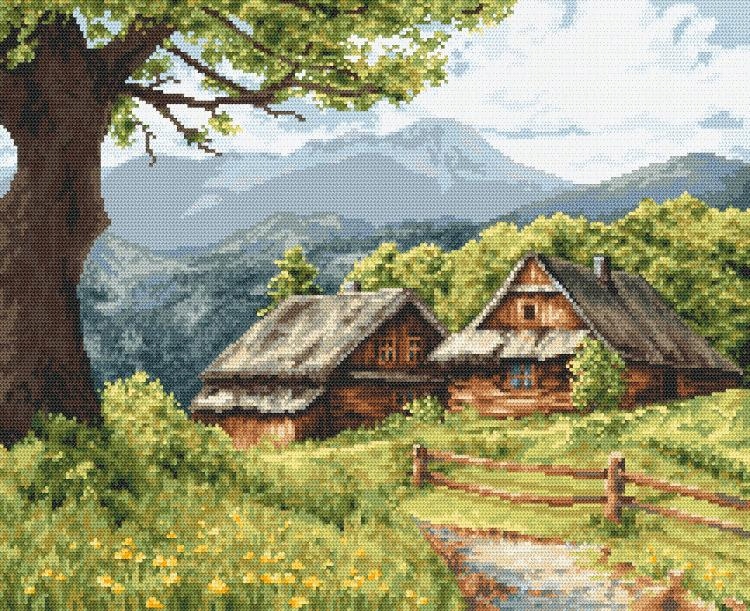 Křížková výšivka Sada s mulinkou Horské chaty