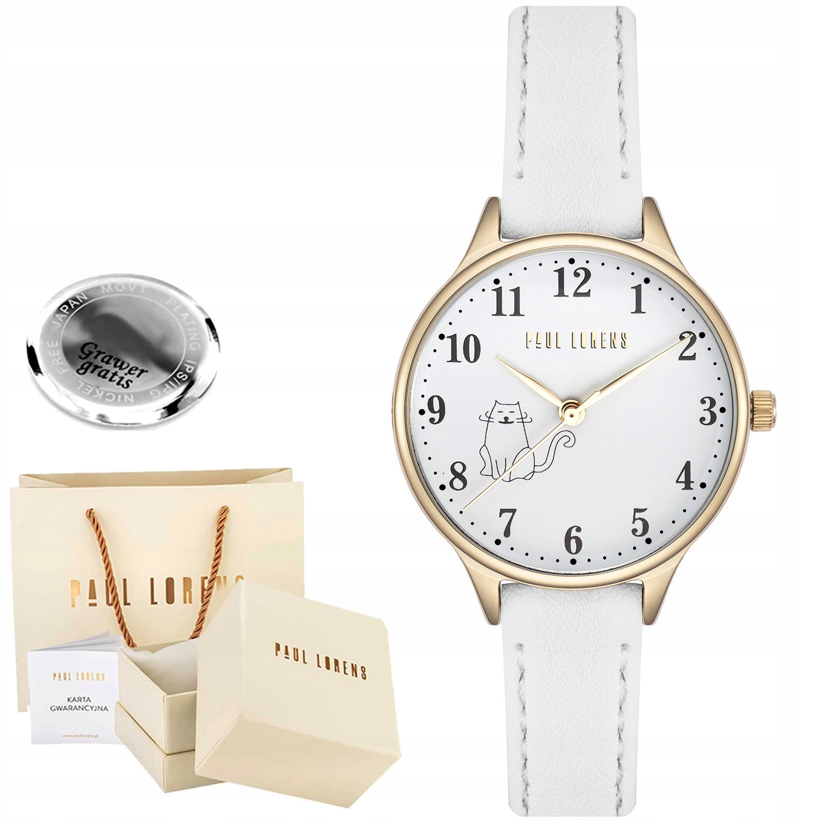 Dětské hodinky Paul Lorens s kočičkou, zlatý bílý řemínek Gravírování Box