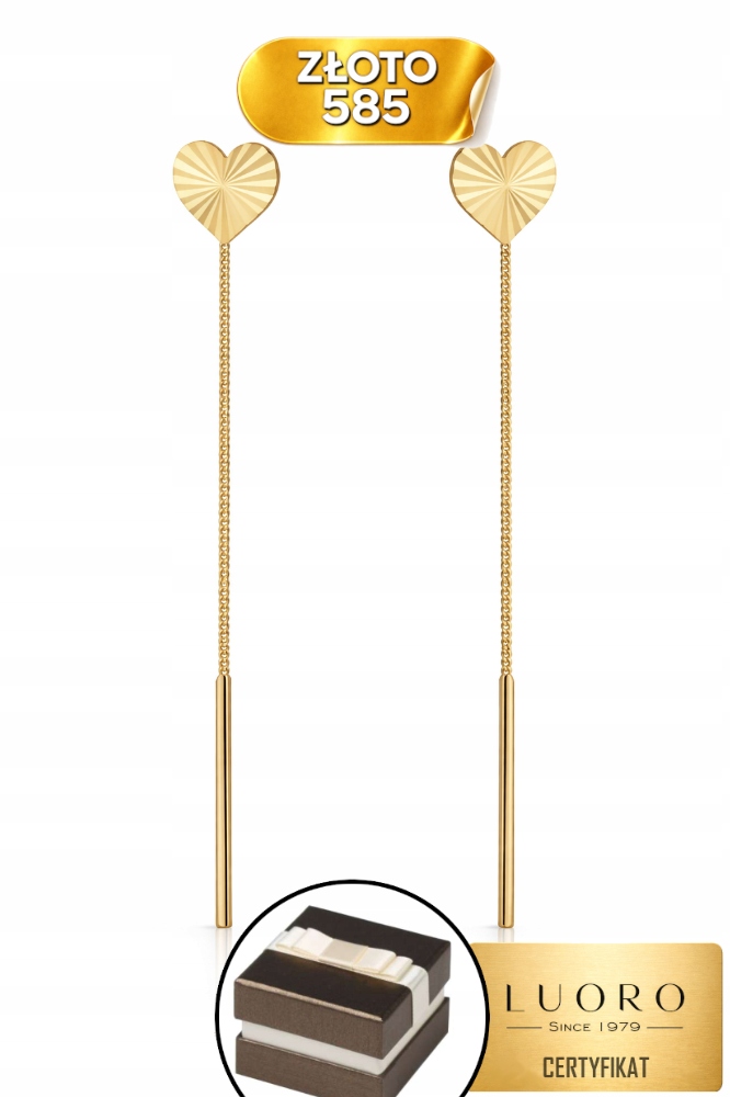 Náušnice Zlaté 585 14K Srdce Diamantové Provlékací 5 CM Elegantní