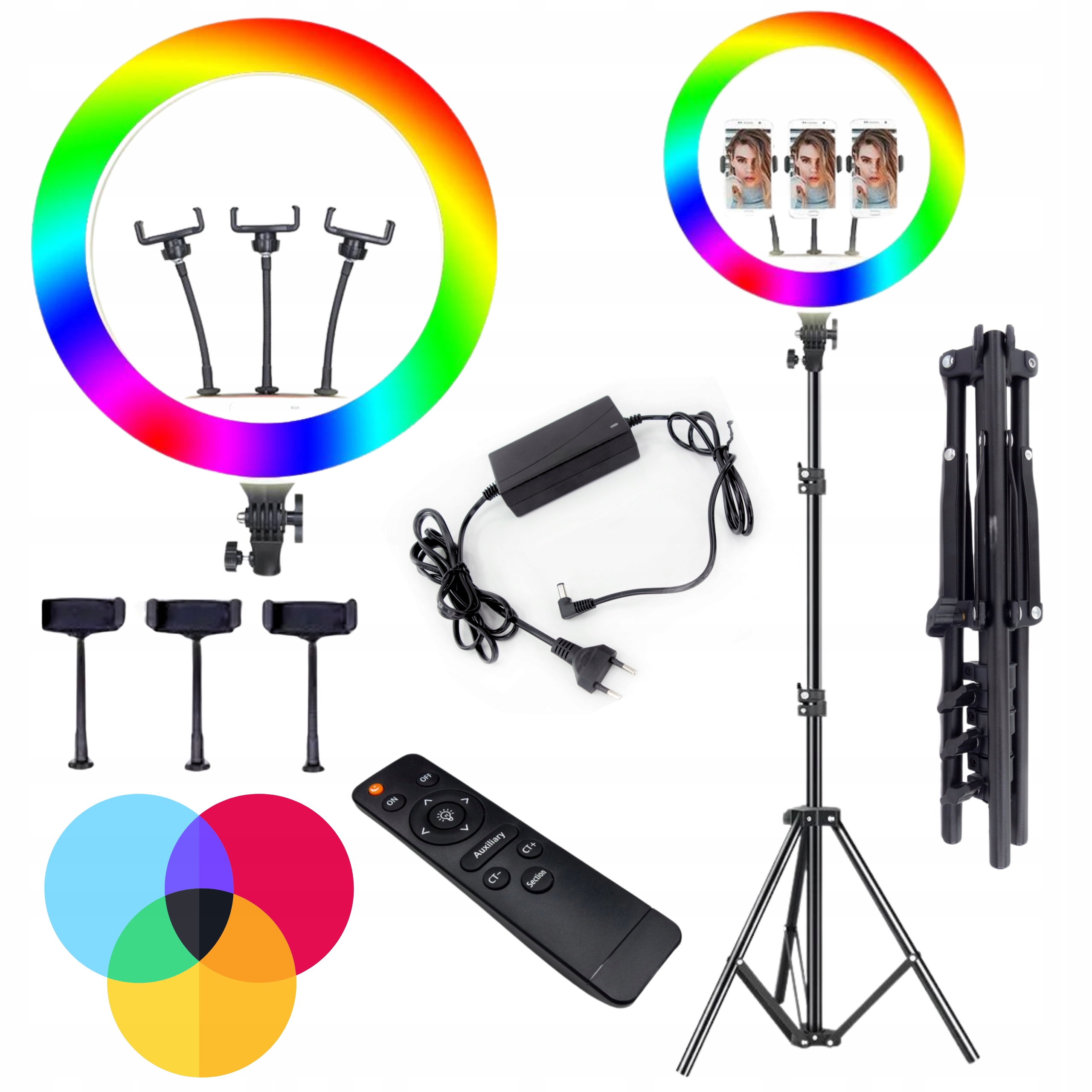 LAMPA PIERŚCIENIOWA LED RING RGB ZE STATYWEM DO ZDJĘĆ FILMÓW SELFIE MAKIJAŻ
