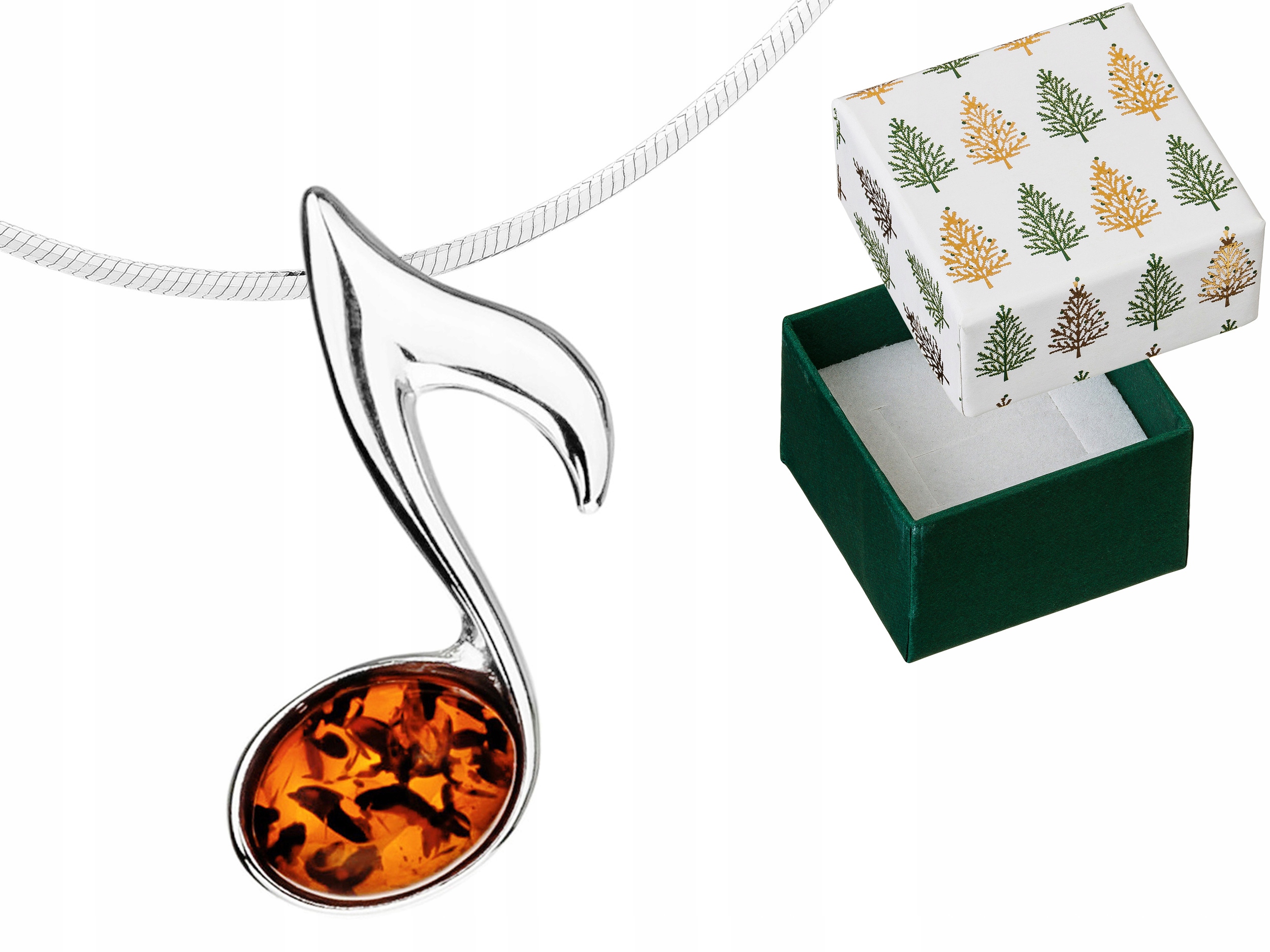 Stříbrný náhrdelník Nutka s jantarem Hudební nota Baltský Jantar 38 Cm