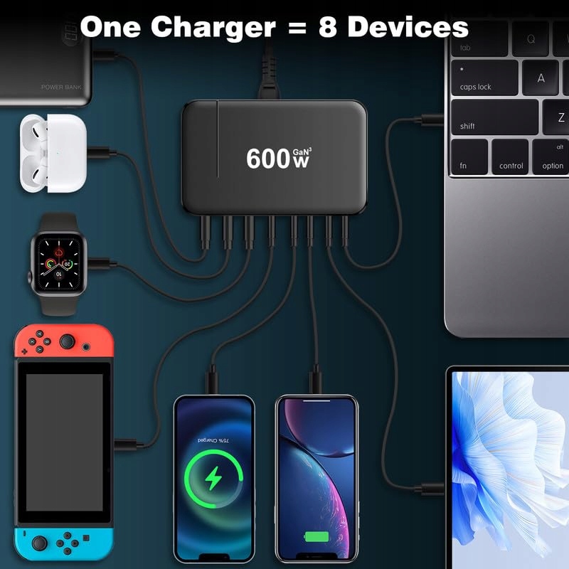 ZHITING Ładowarka USB C 600W 8 Portów Szybkie Ładowanie MacBook iPad — miniatura 4
