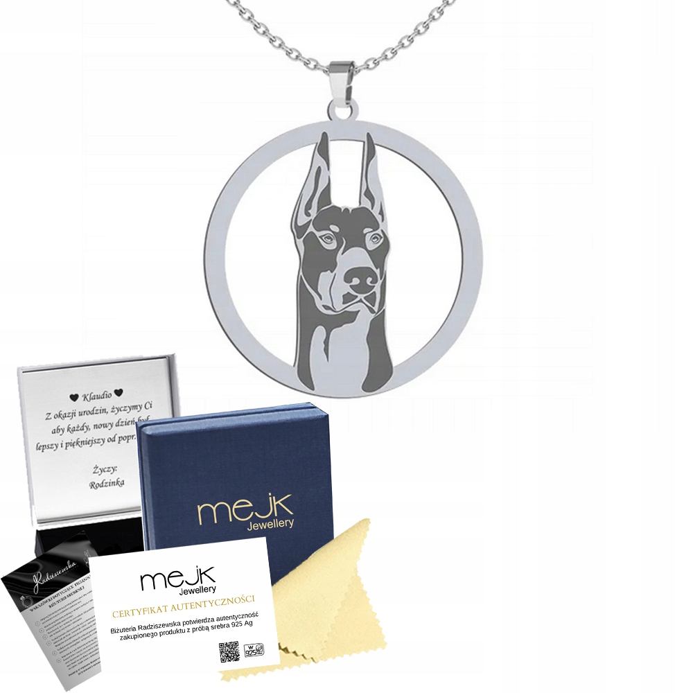Stříbrný náhrdelník Doberman 925 Dárek Žena Gravírování Dedikace Bonus