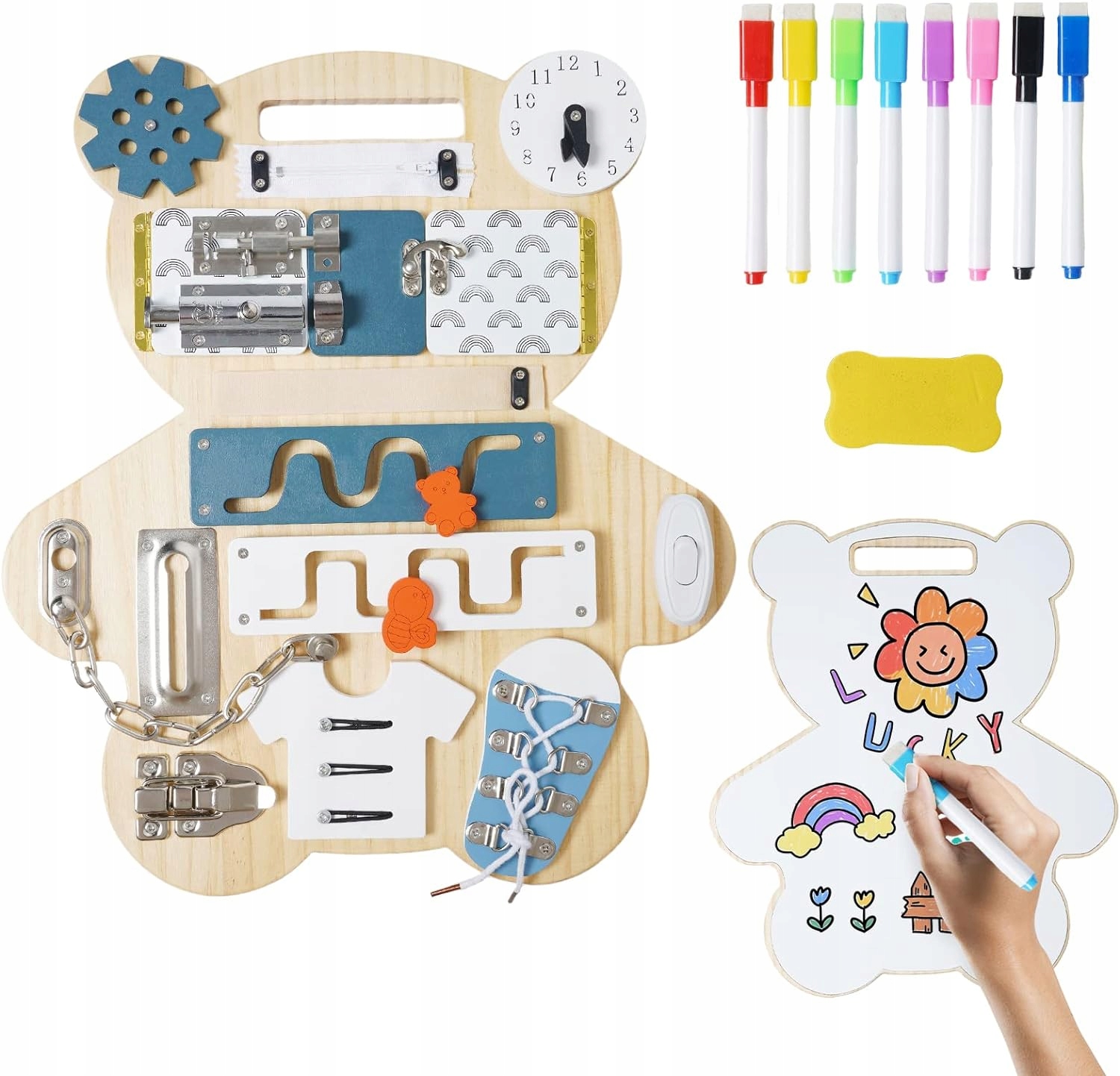 TABLICA SENSORYCZNA MANIPULACYJNA MONTESSORI BOARD 14 elementów DWUSTRONNA