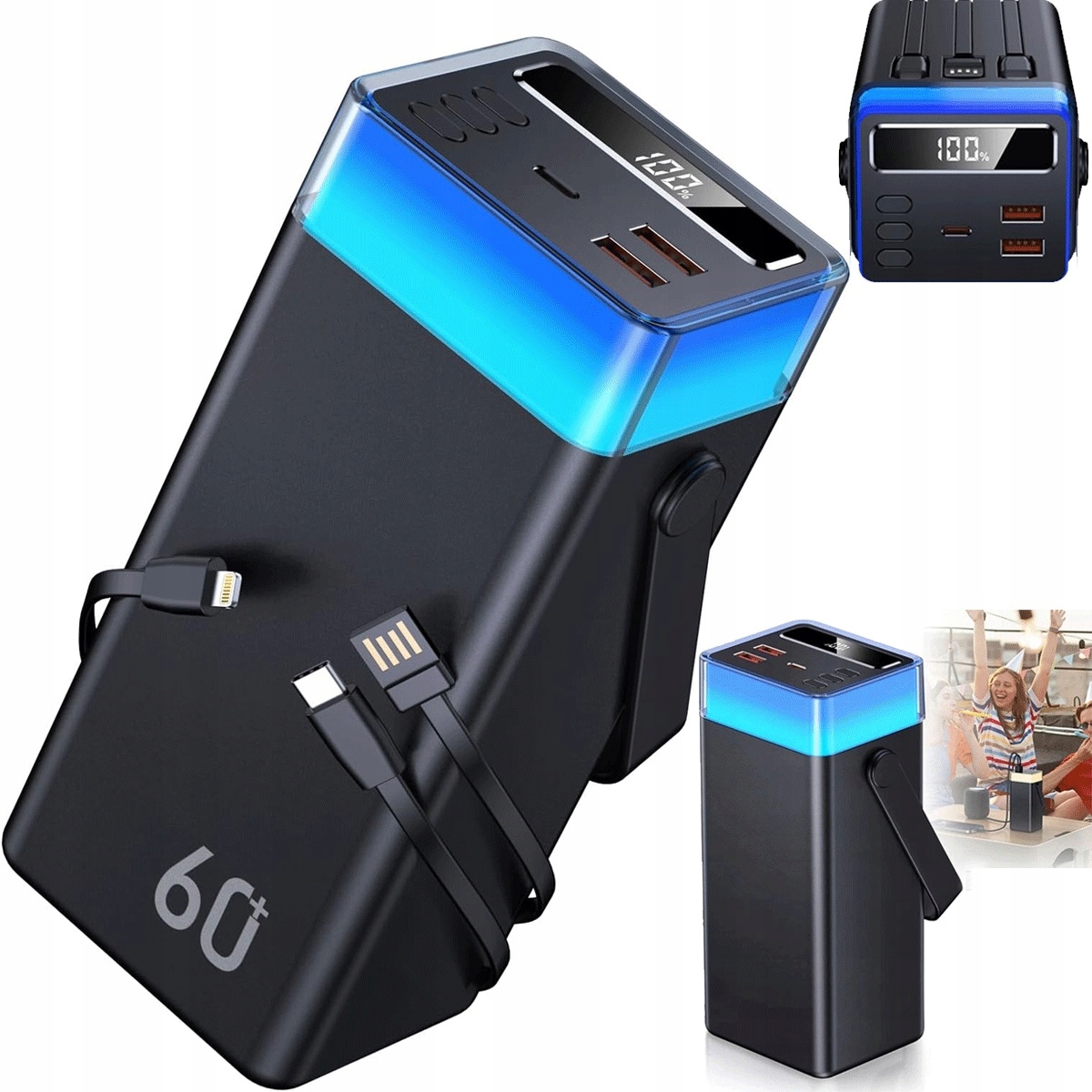 3 Wbudowane Kable 40000mah Power Bank Do Telefonu I Tabletu, Czarny