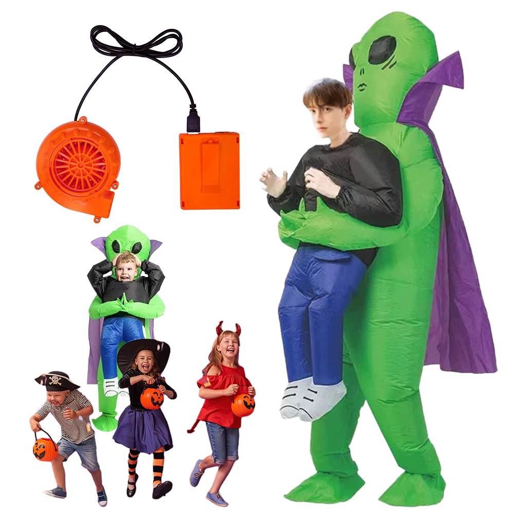Zelený nafukovací kostým mimozemšťana s ventilátorem pro Halloween a párty