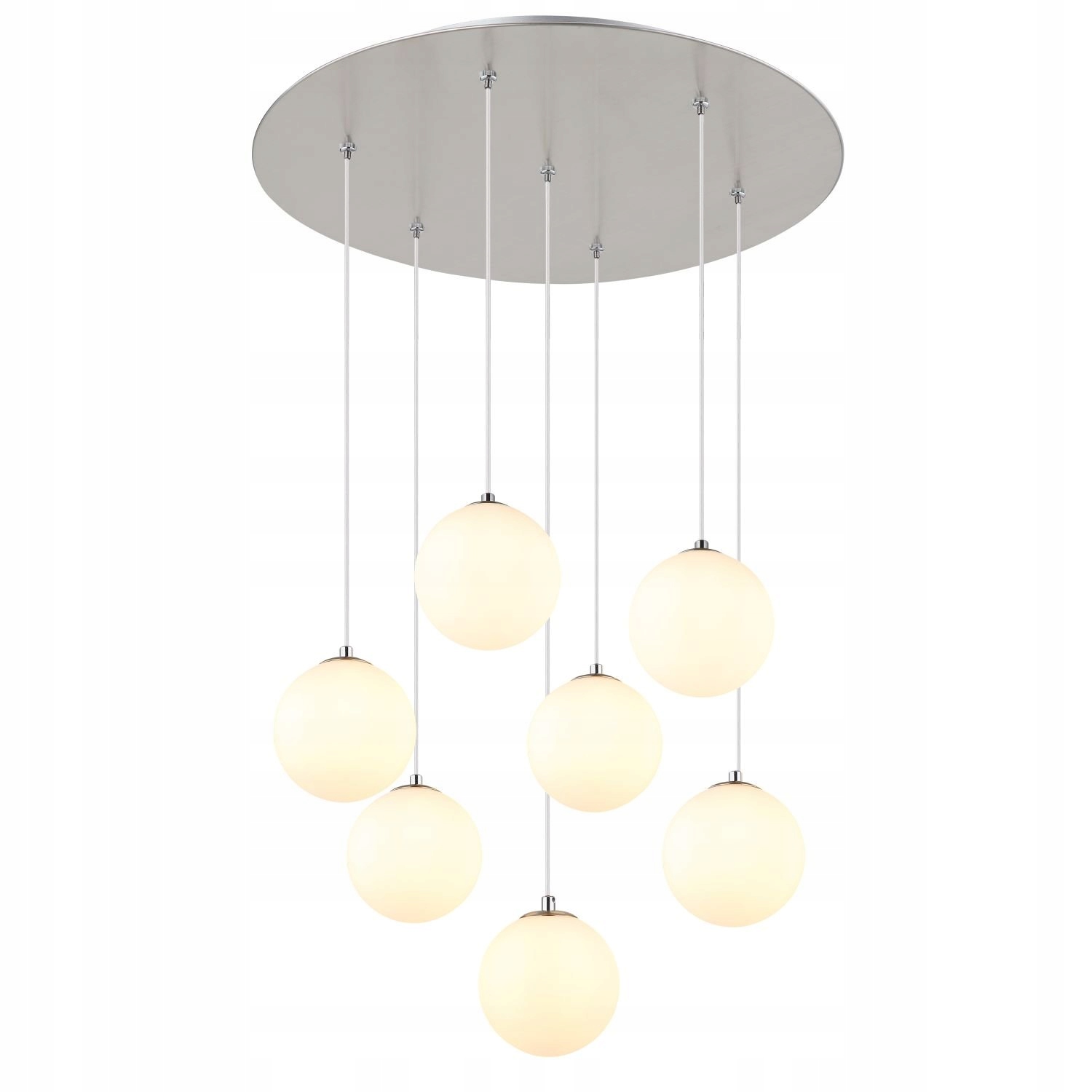 Veľká moderná 7-bodová závesná lampa s mliečnymi sklenenými guľami na kruhu
