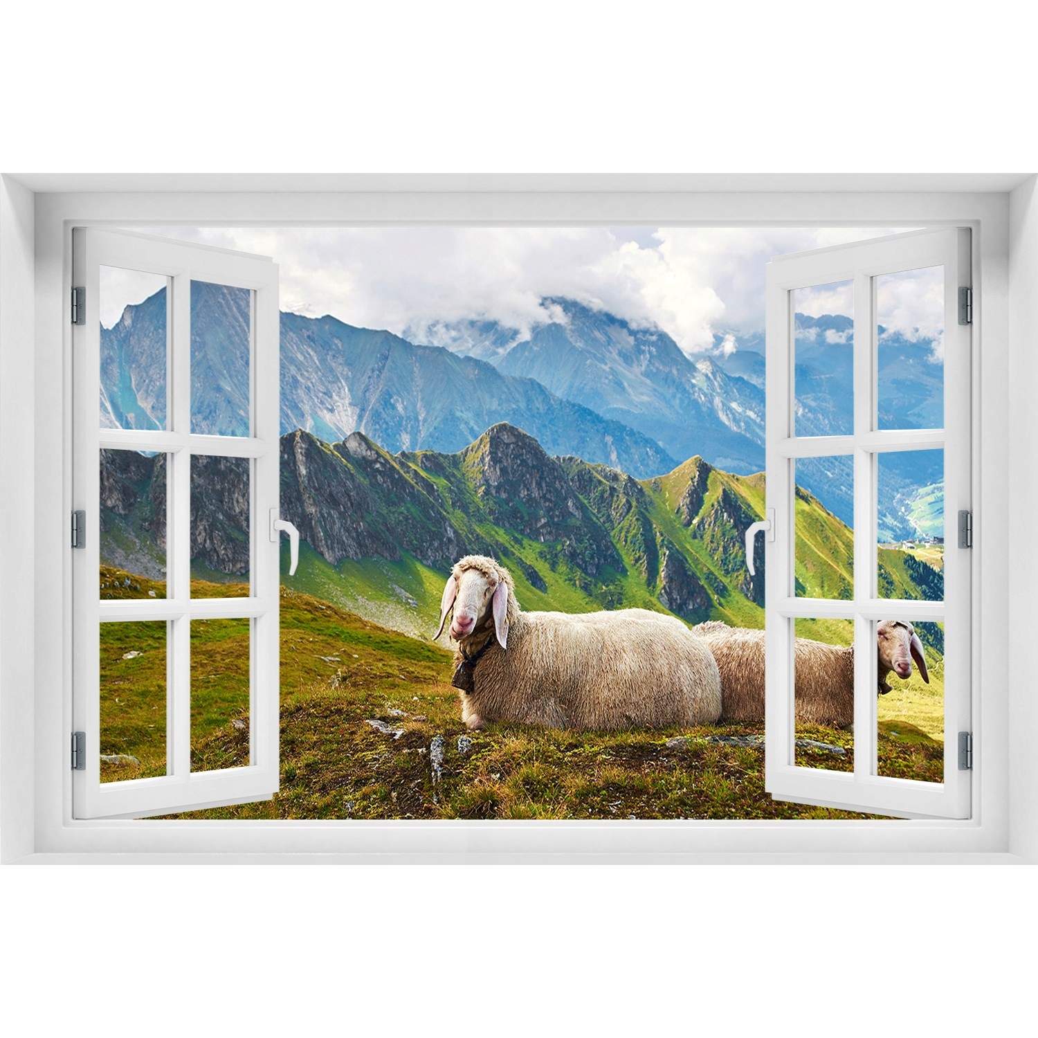 

Naklejka ścienna Fototapeta 3D Okno Owce w Alpach