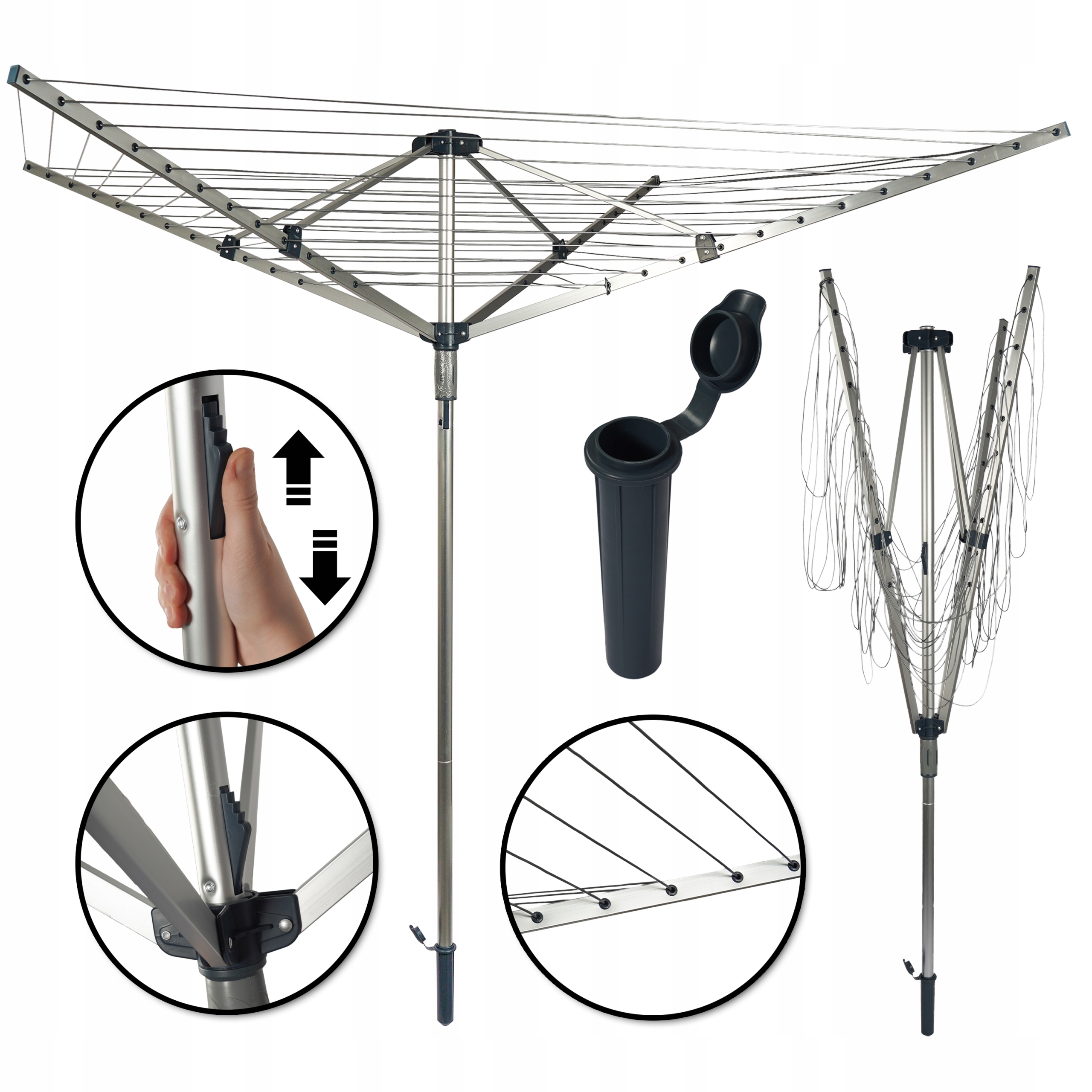 Suszarka Ogrodowa Na Zewnątrz Aluminiowa Obrotwa 4 Ramiona 40M Wytrzymała
