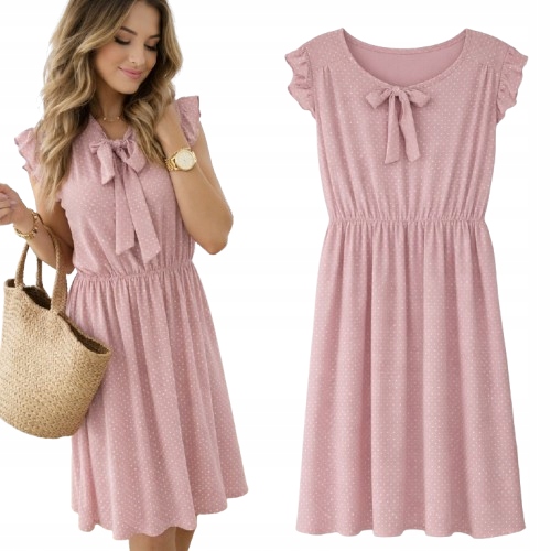 Sukienka Pastelowa Zwiewna Lekka Sukienka Groszki Motylek Wiązana 806