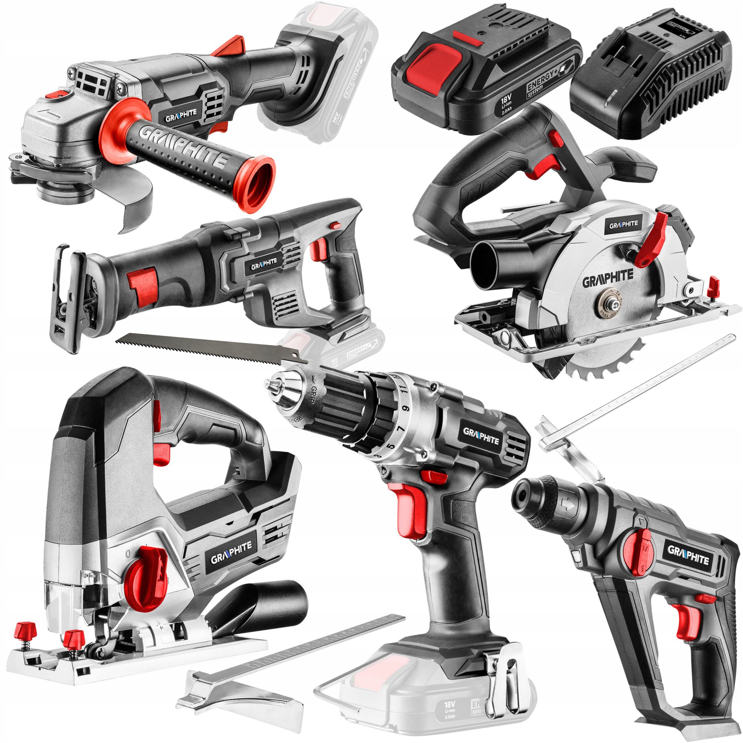 ZESTAW ELEKTRONARZEDZI 18V 2Ah GRAPHITE 8 elem