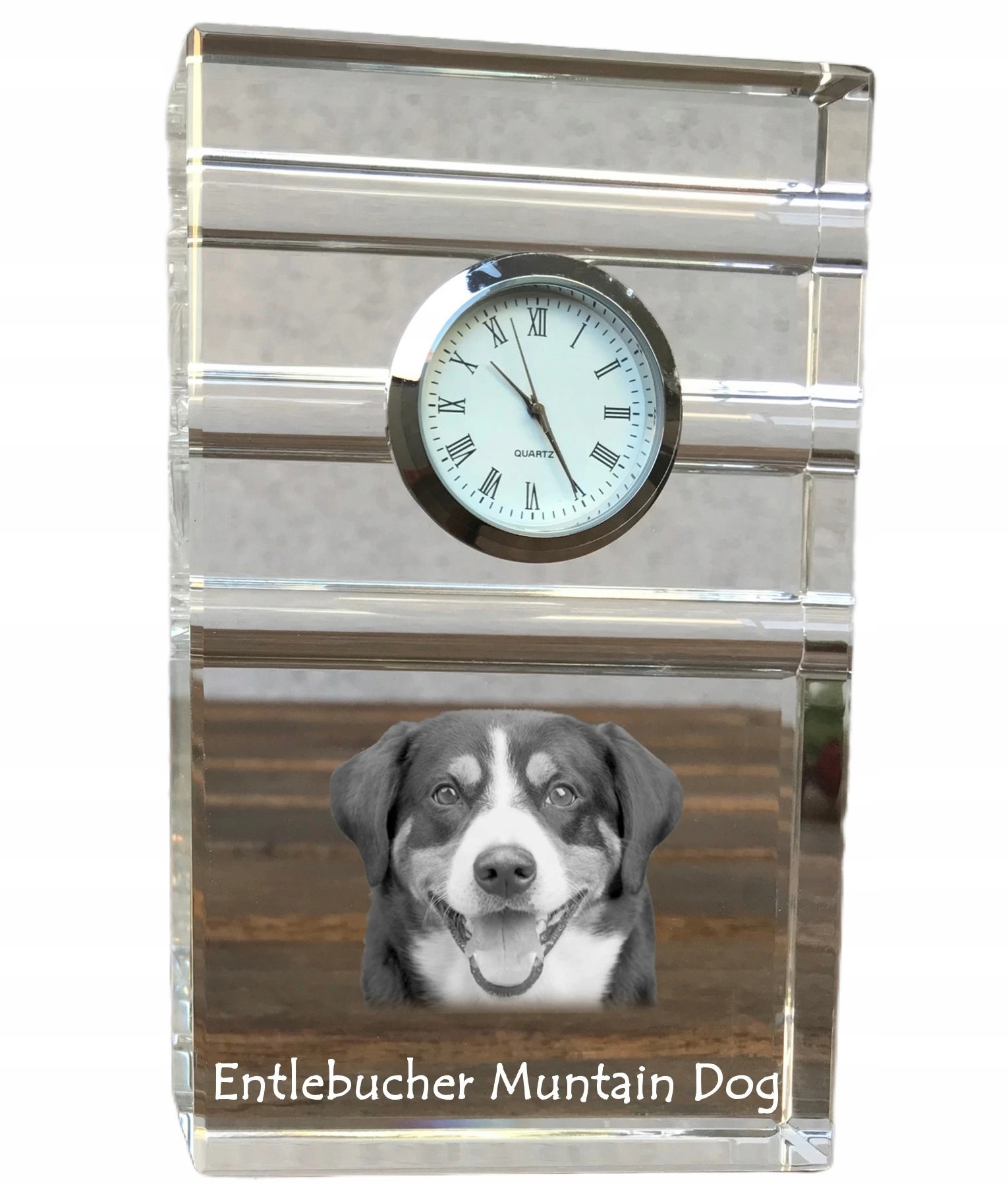 Entlebucher krištáľové stolové hodinky so psom, s vašou fotografiou a suvenírom