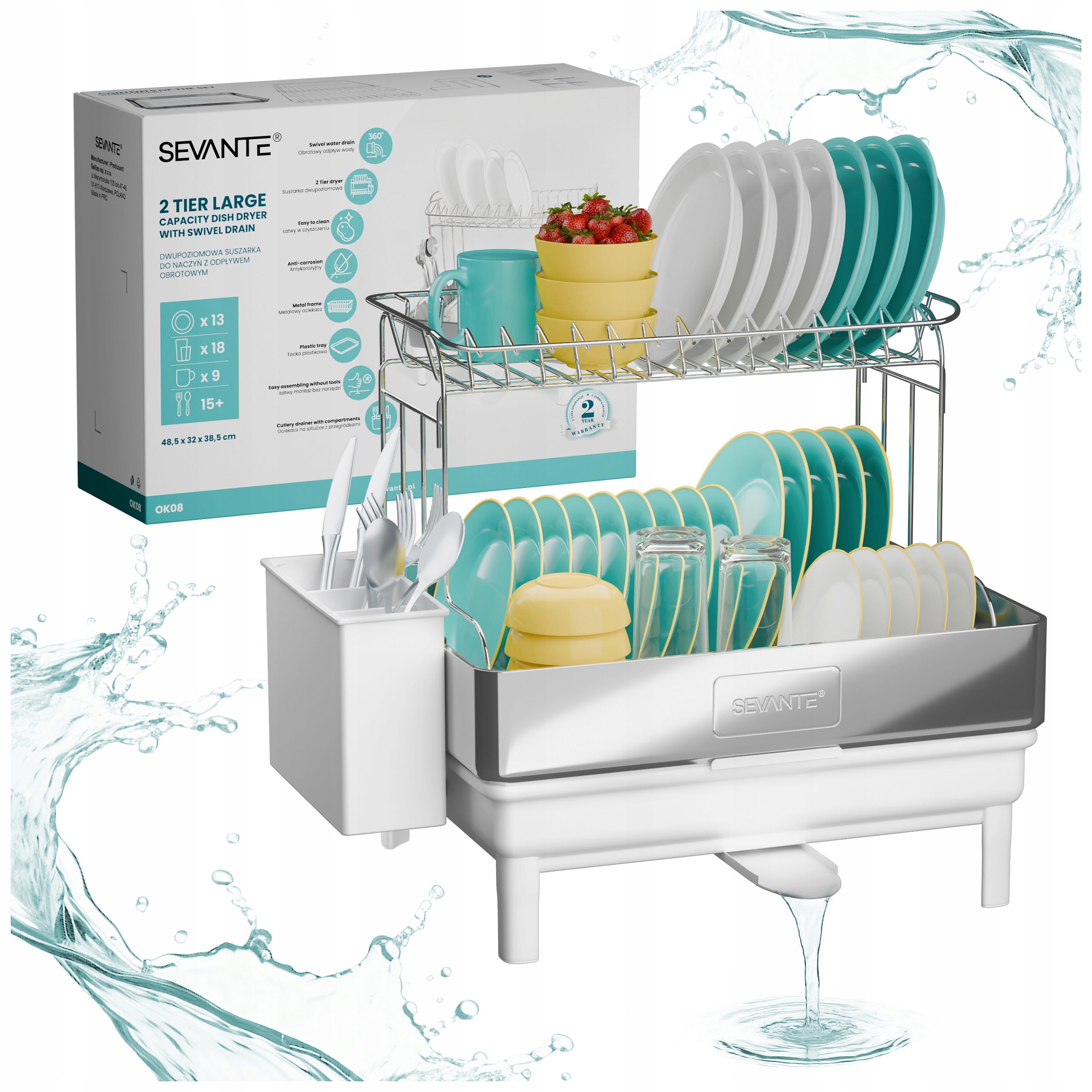 Odkapávač odkapávač na nádobí kuchyňský dvouúrovňový, otočný, odtok bílý