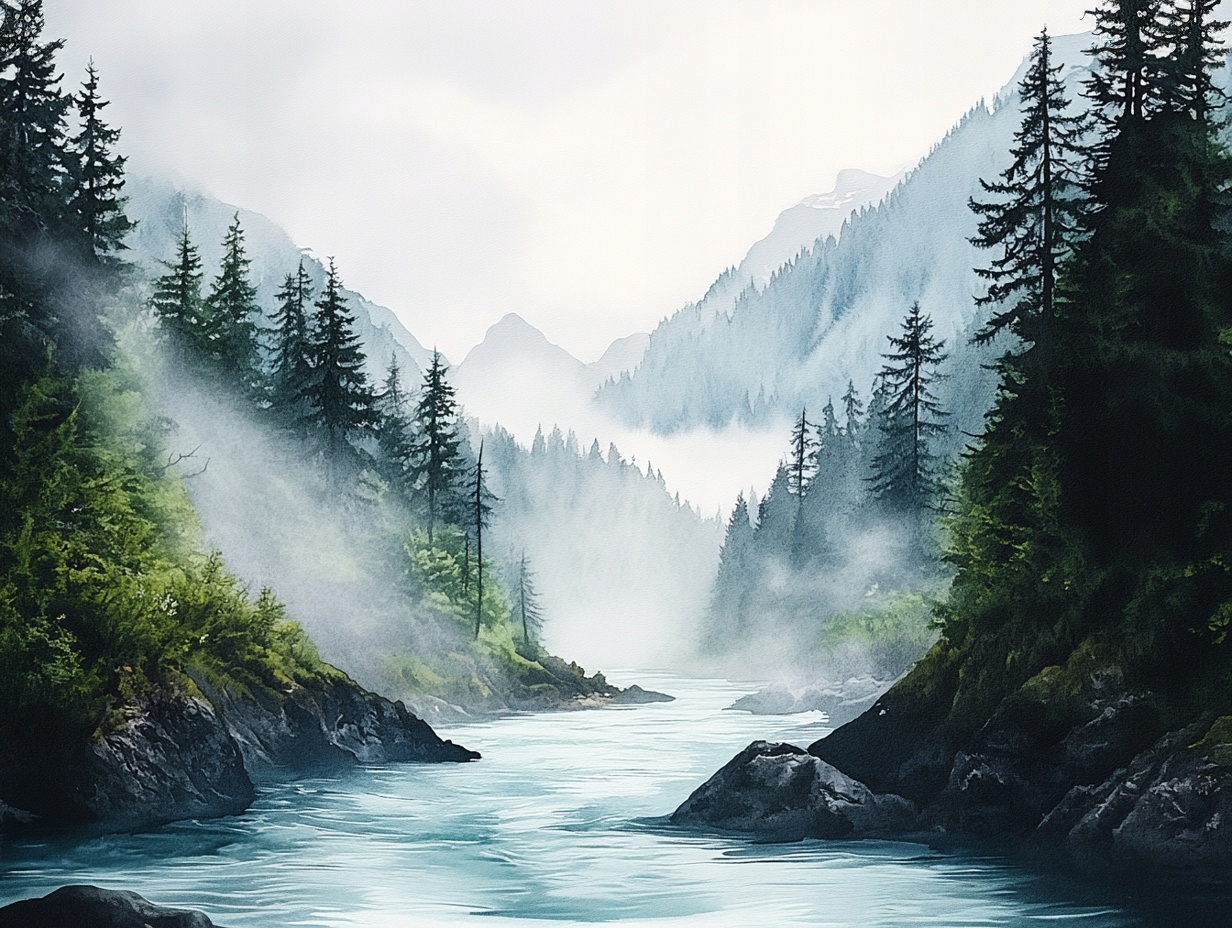 Obraz Na Plátně Canvas Krajina Hory Les Stromy Řeka Mlha 100x75