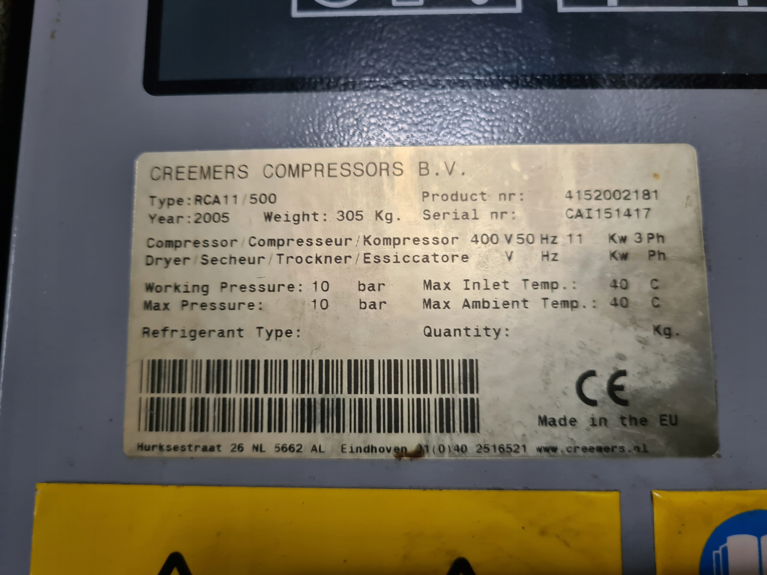 Kompresor śrubowy CREEMERS RCA 11, 11 kw Moc (kW) 11 kW