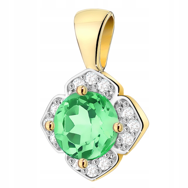 Złota Zawieszka Wisiorek pr. 585 Kwiatek Brylanty 0,06ct i Szmaragd 0,50ct