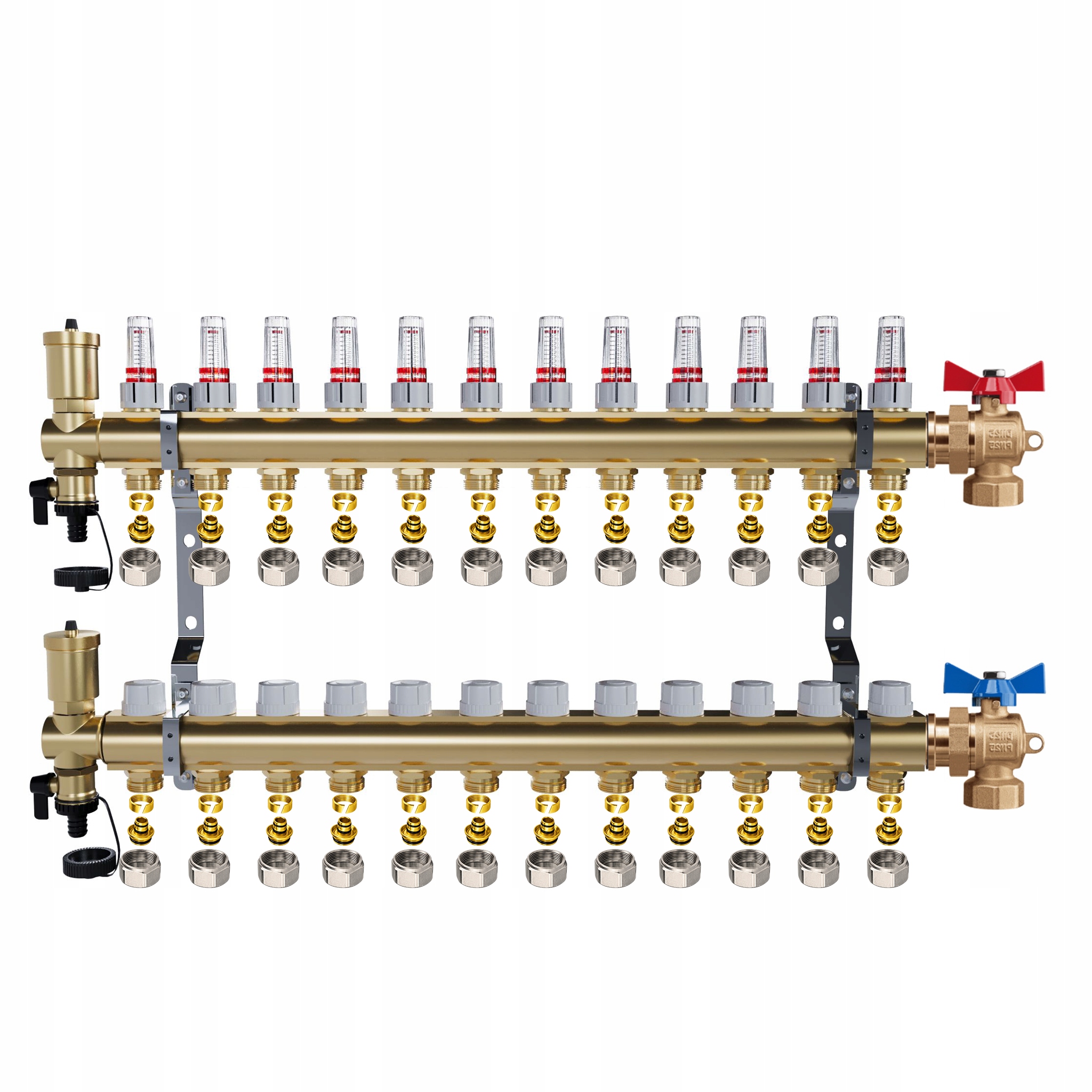 Mosazný rozdělovač 12 okruhů Topení Podlahové kulové ventily Pex