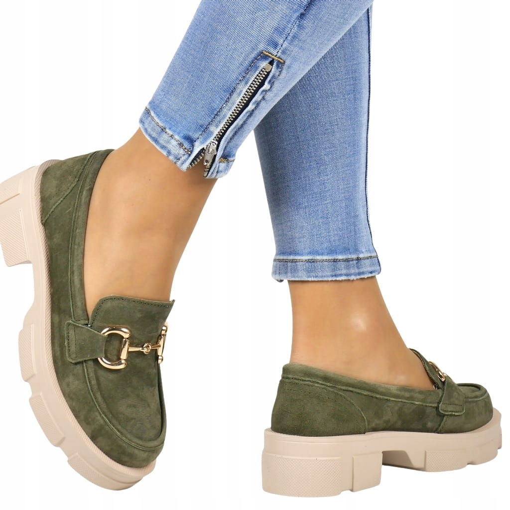 LOAFERSY KHAKI Z KLAMRĄ MOKASYNY NA PLATFORMIE SKÓRA GRUBA PODESZWA ZIELONE Kod producenta 6100 KHAKI
