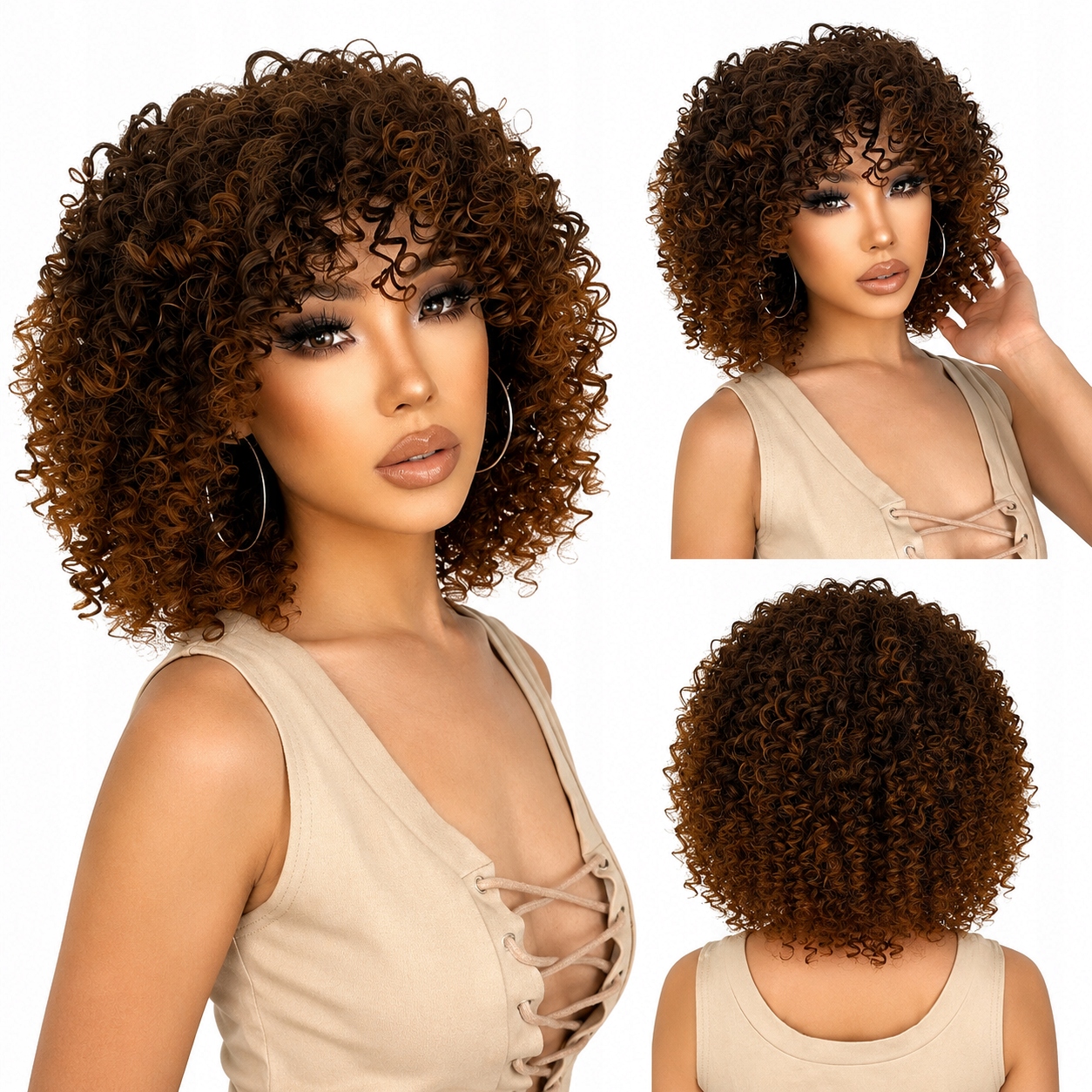 Peruka Damska Brązowa ombre Afro Loki włosy kręcone Jak naturalne czepek