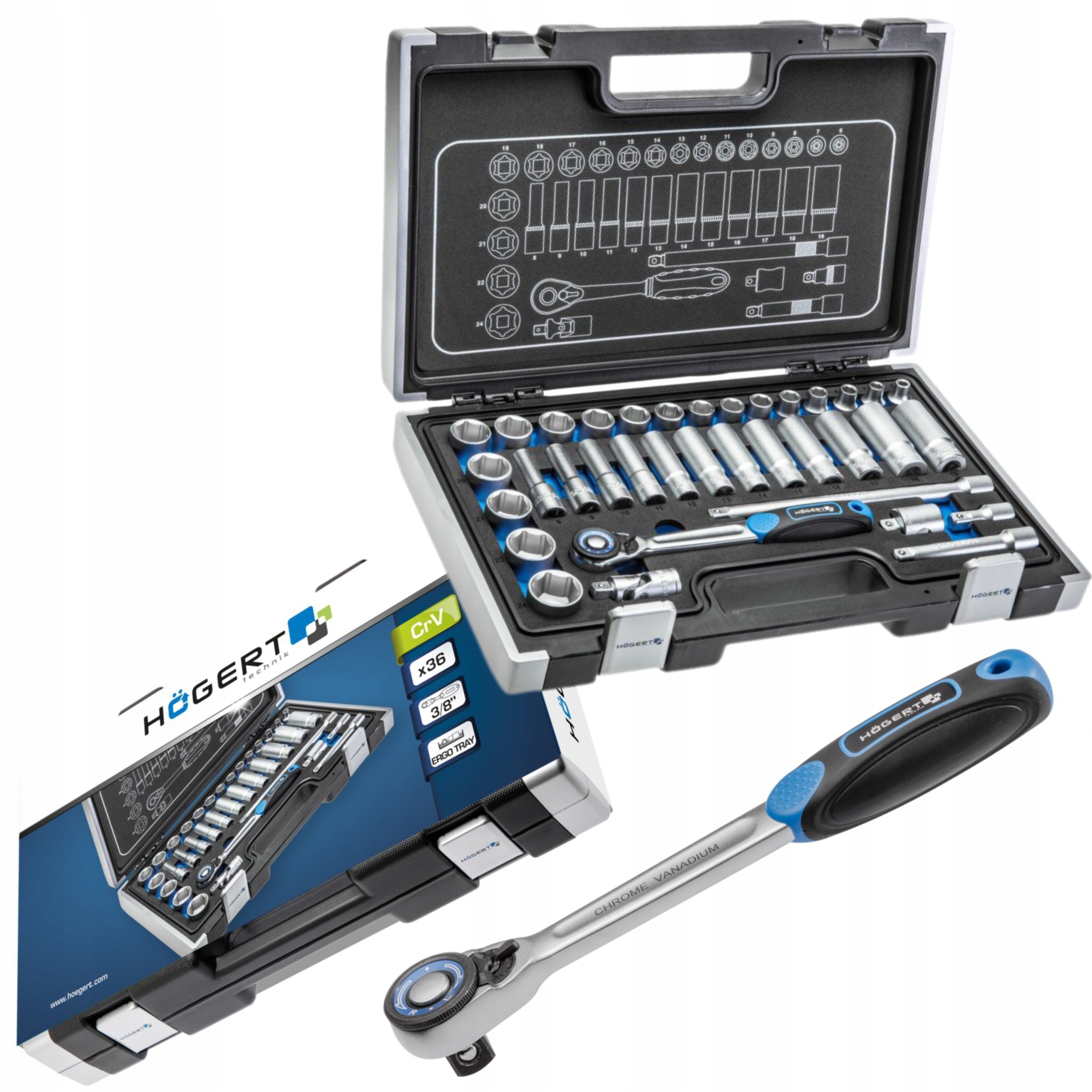 Hogert HT1R465 Sada Nářadí, Hlavice 36 Ks, 3/8"