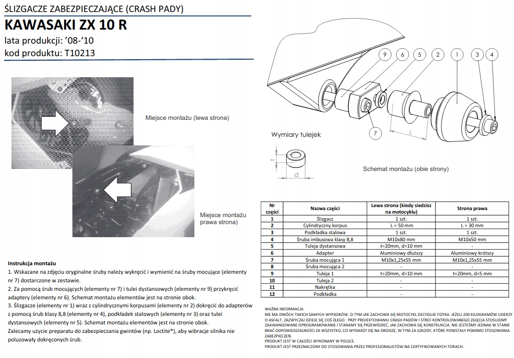 CRASH PADY RENNER KAWASAKI ZX 10 R 08 10 2xGRATIS Producent Renner