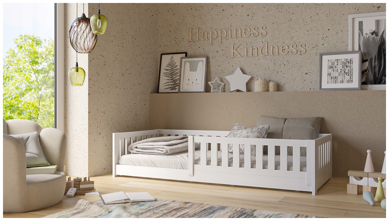 ŁÓŻKO DZIECIĘCE Z BARIERKĄ LUNA 80X180 BIAŁY PODŁOGOWE 180X80 NISKIE