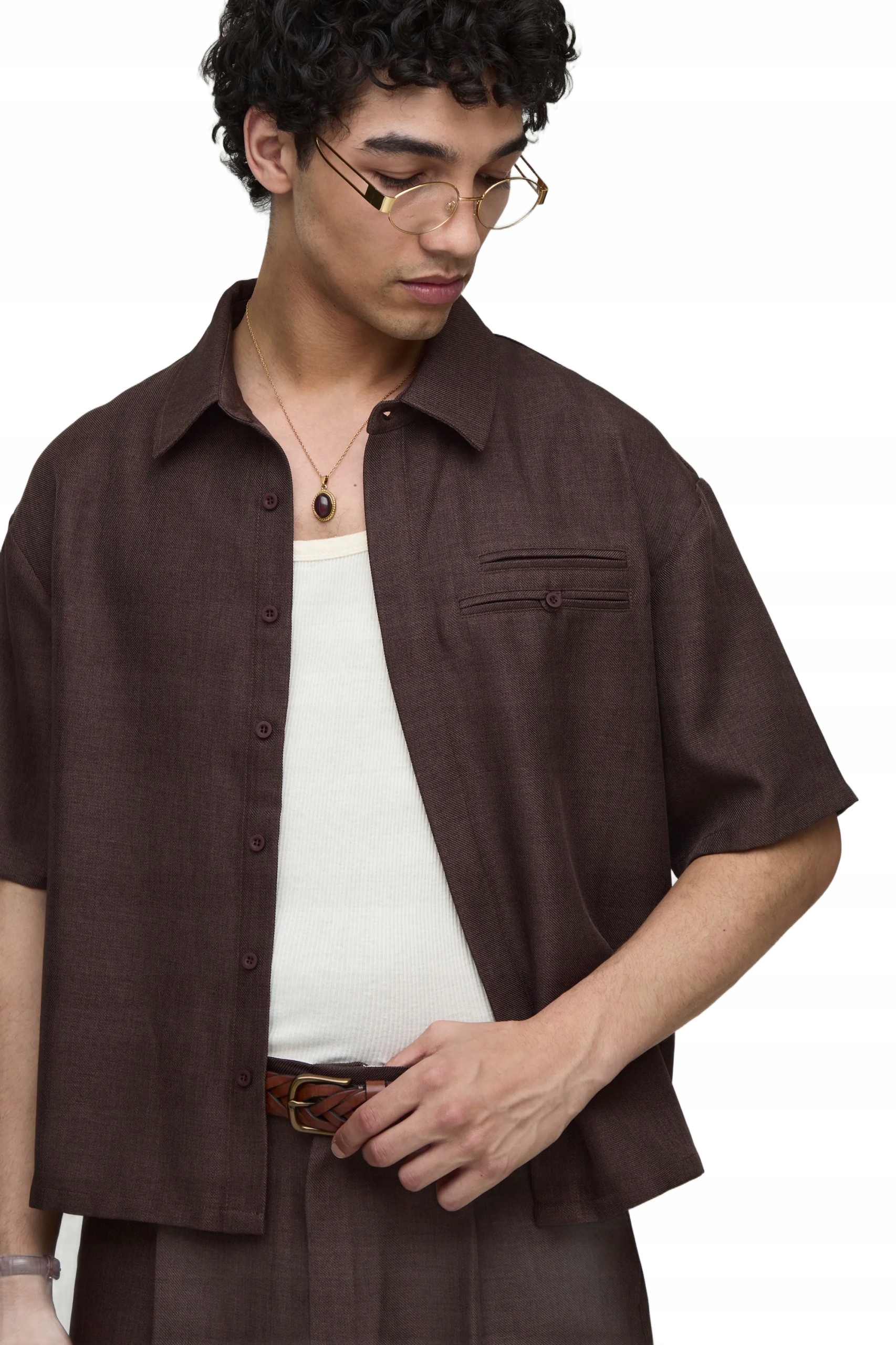 Boohooman Pánská Košile Casual Krátký Rukáv Hnědá S Kapsami M Z3A*