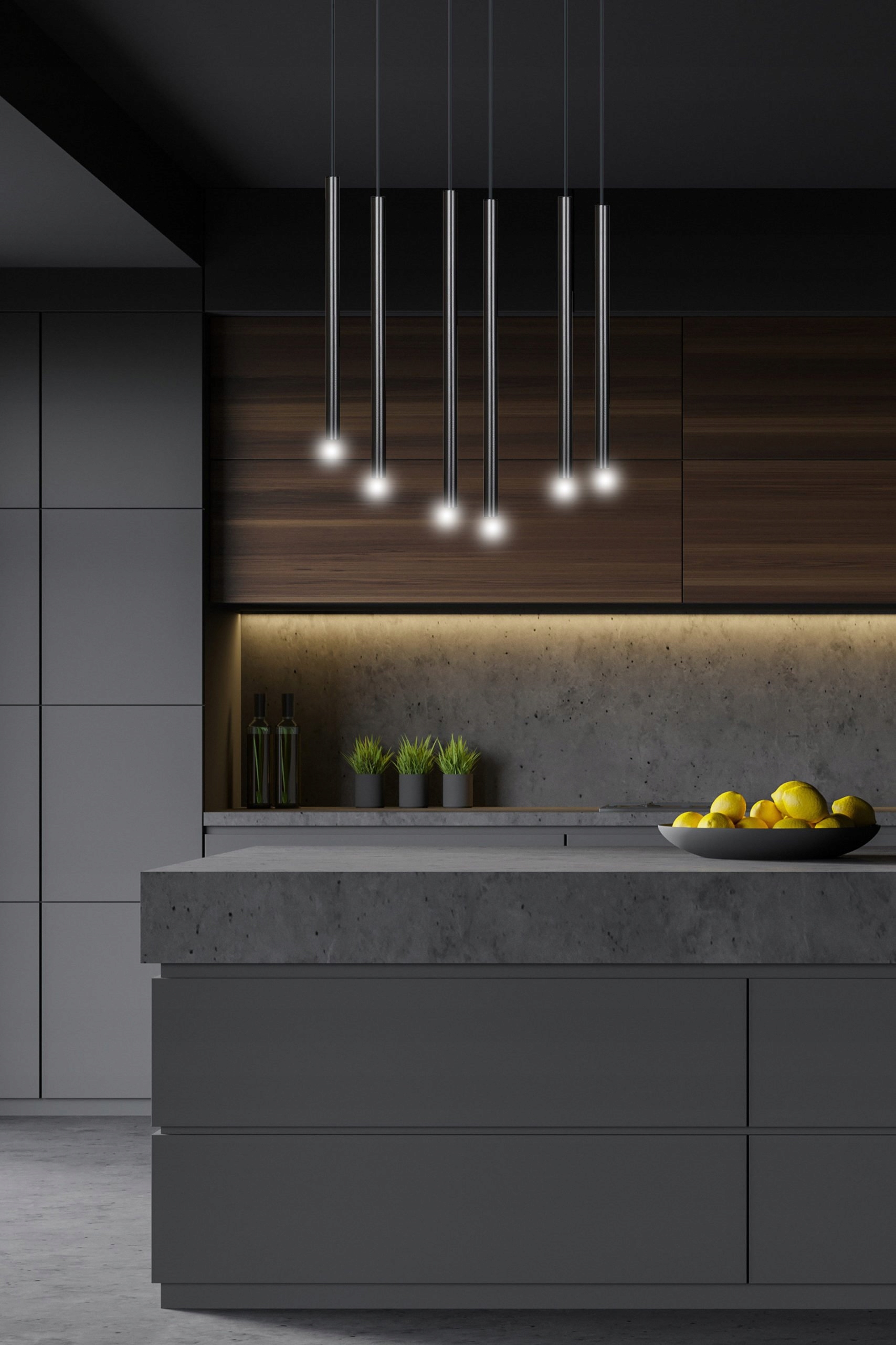 Elegantní černá lampa nad stůl se 6 černými tubami pro kuchyňskou jídelnu