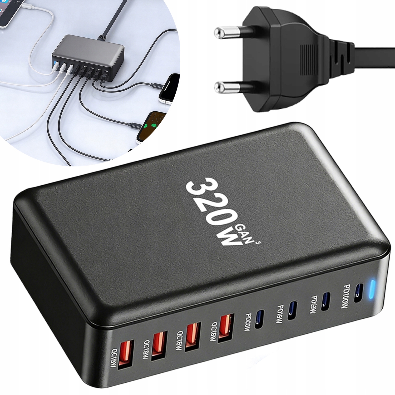 Ładowarka 8 Portów 320W 4x Pd 100W 4x Qc Szybkie Ładowanie Laptop