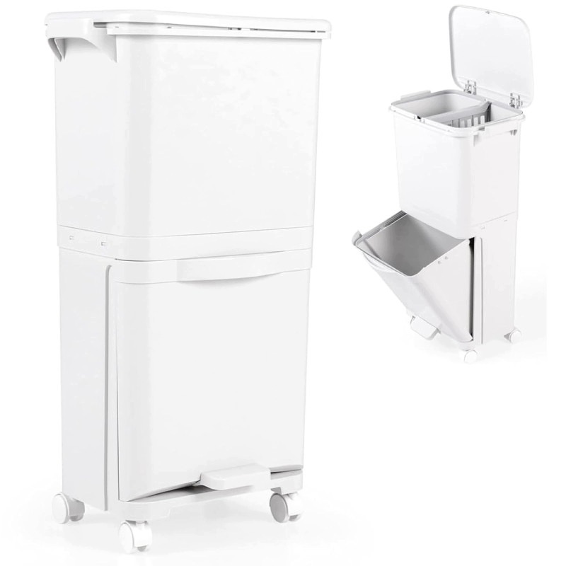 Odpadkový koš se 3 přihrádkami B0DZCT173Z, s kolečky, 40 l, bílý