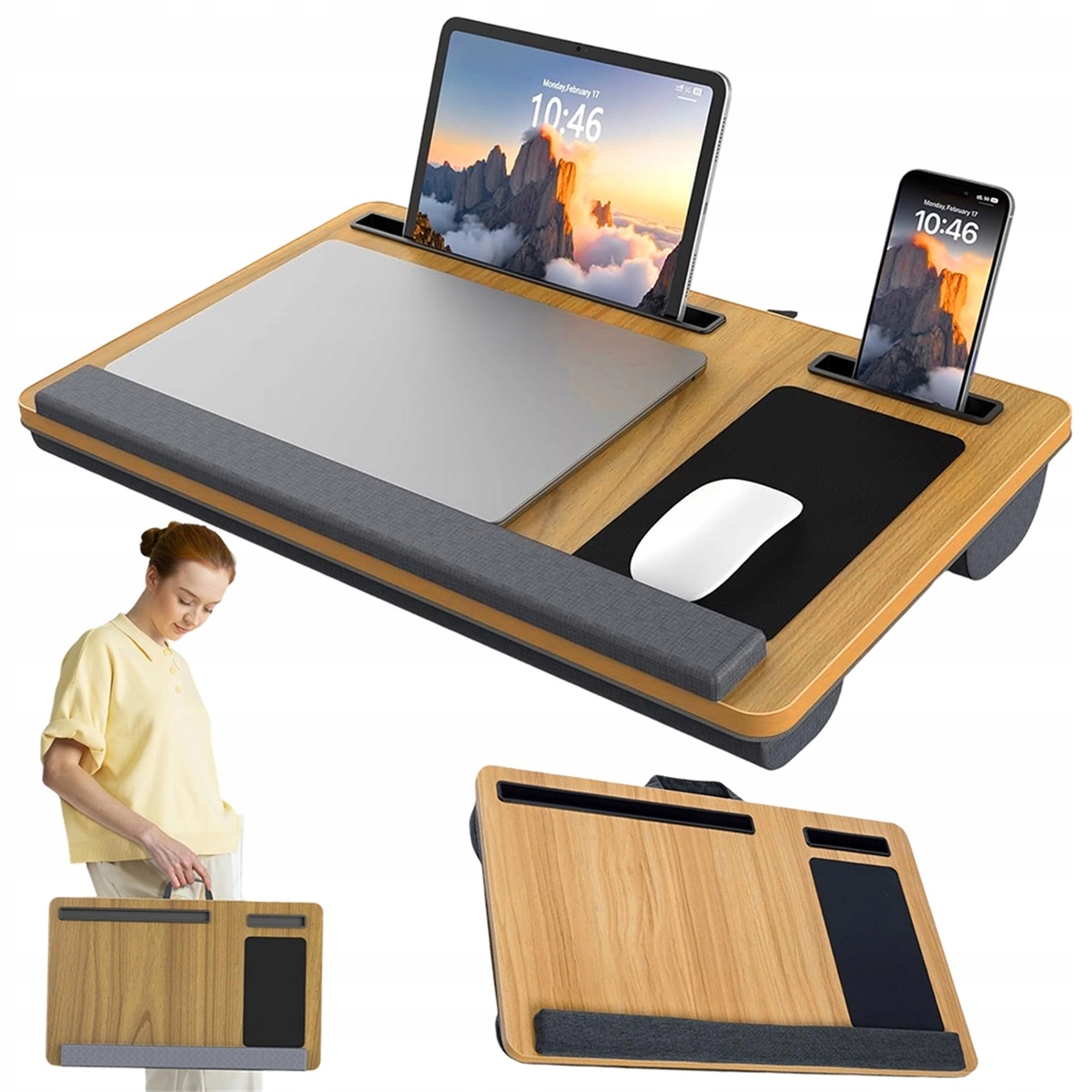 Stolek na kolena dřevěný ořech se 2 přihrádkami a protiskluzovou tkaninou