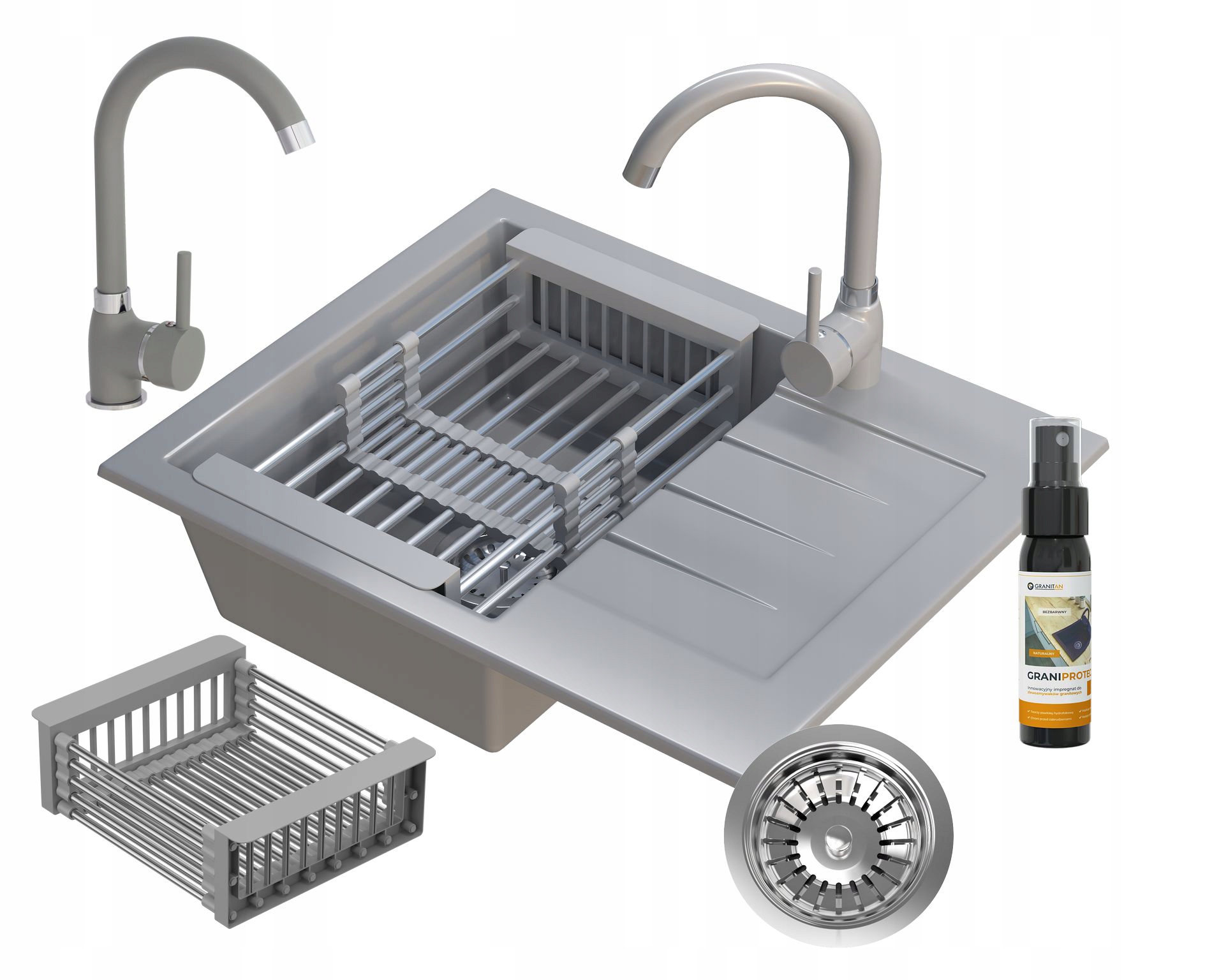 Granitový Drez, Šedá Batéria, Košík, Milano Sada