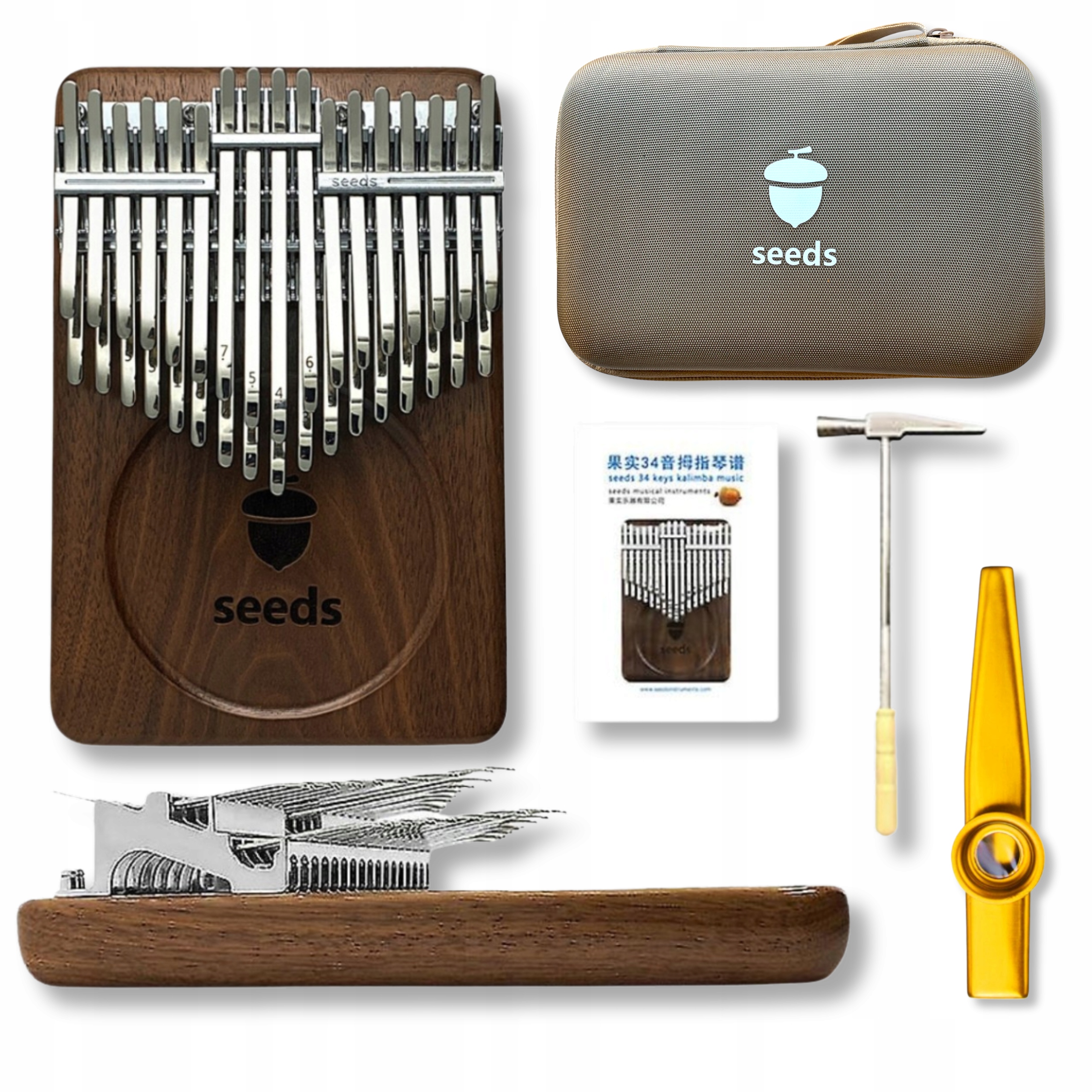 Kalimba Seeds 34 tónů, chromatická, originální pouzdro, kazoo ladička