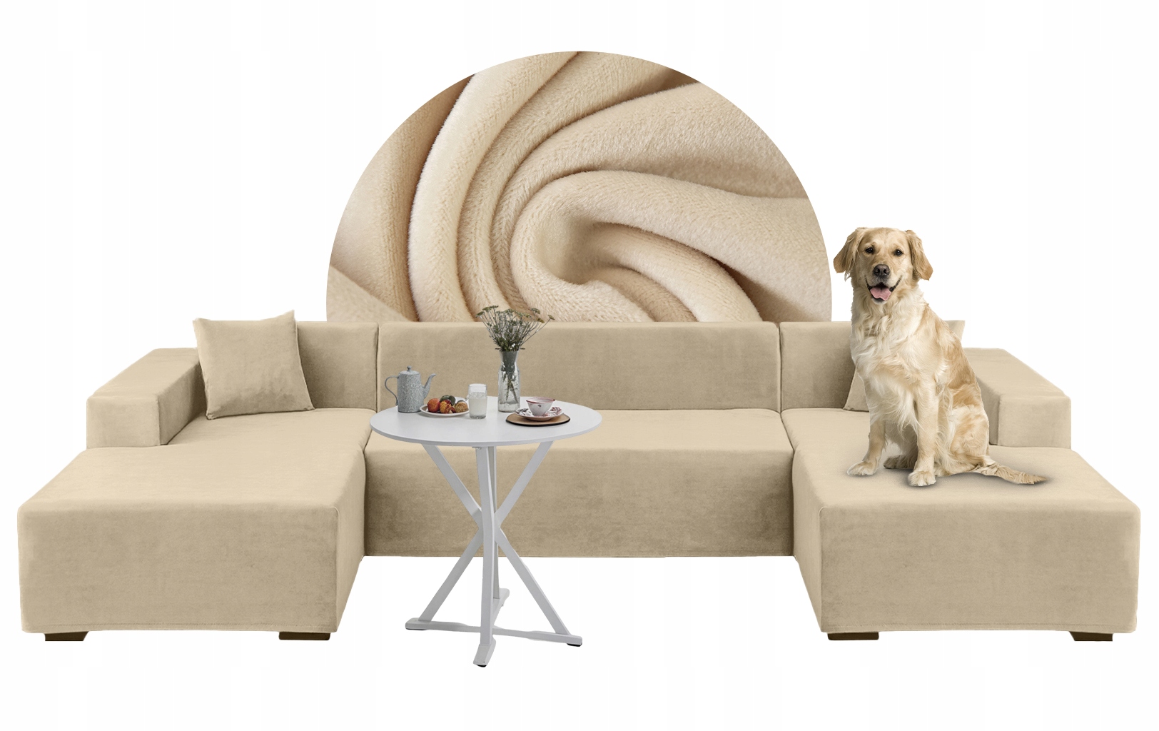 Sada rohových potahů ve tvaru U pro 2+3+4 osoby Krémová Welur