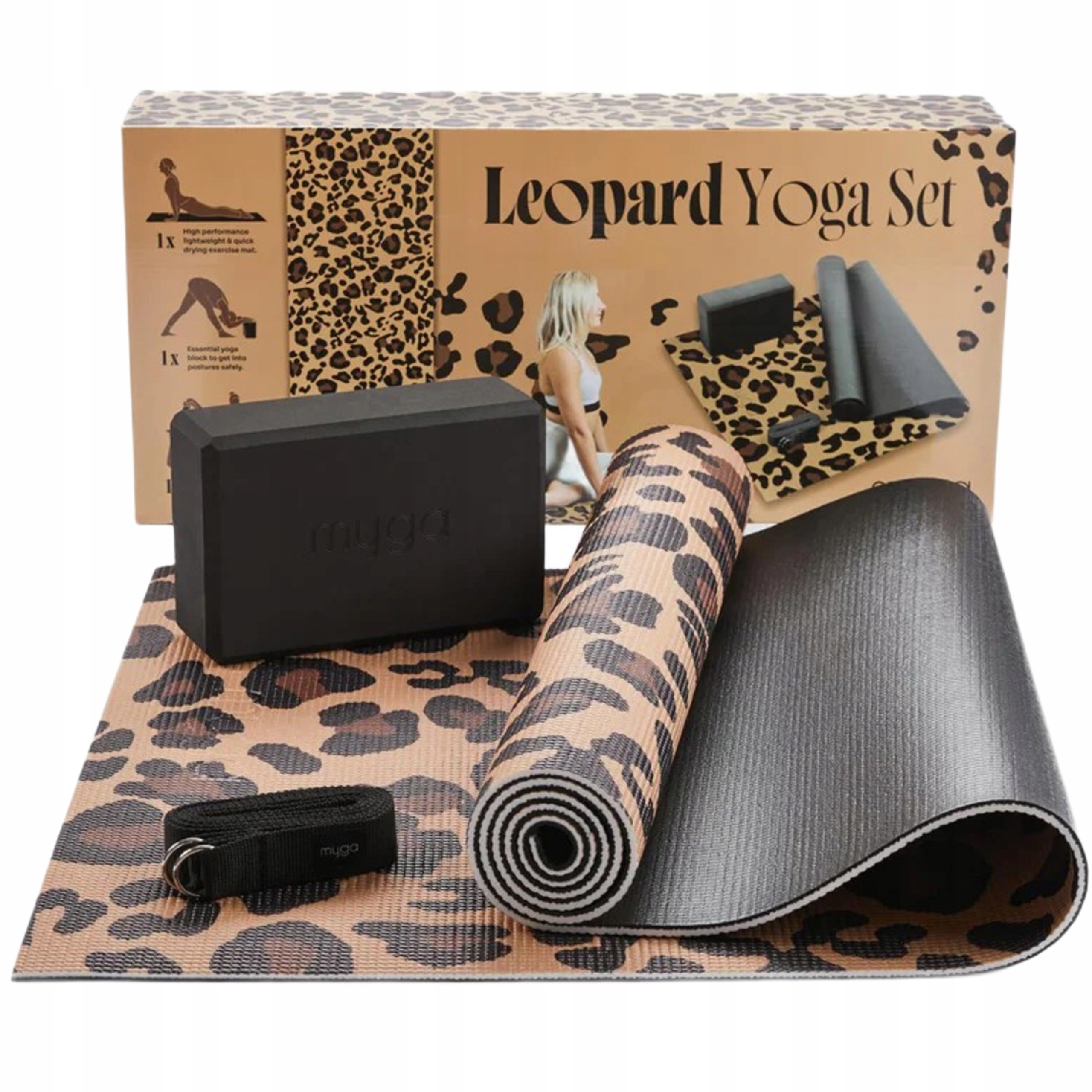 Sada na jógu myga Leopard Yoga Set: podložka, kostka, pásek