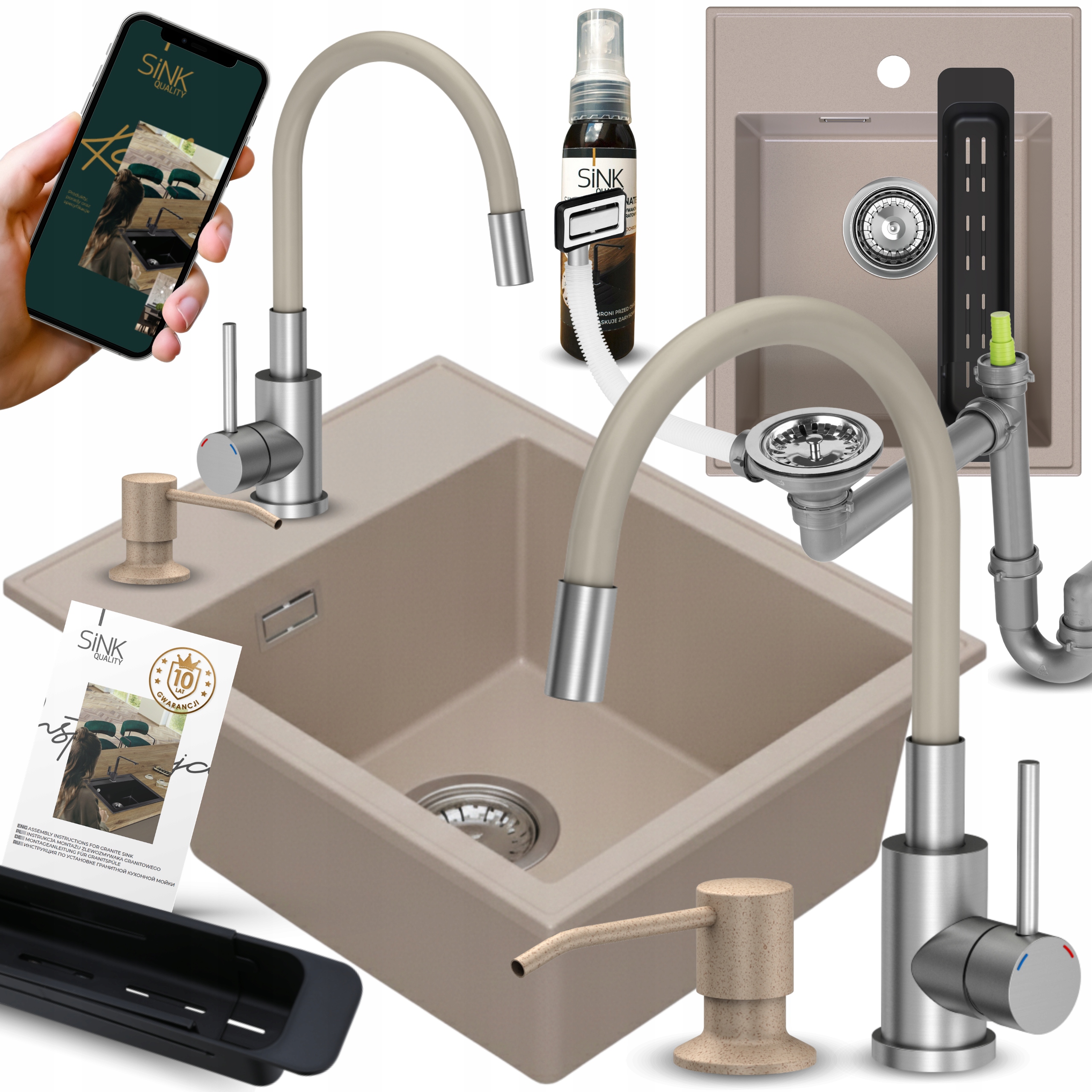 Granitový Dřez 50 Béžový S Odkapávačem, Baterie Dávkovač Na Kapalinu 13V1