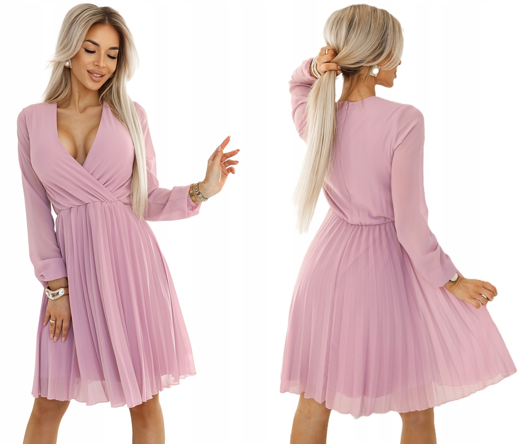 Krásné Plisované Šaty S Dlouhým Rukávem, Hluboký Výstřih, Pudrová Růžová, Velikost XL