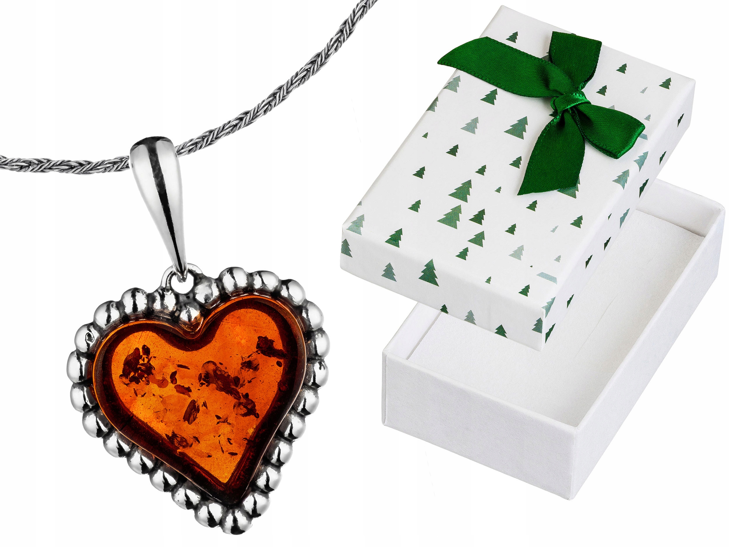 Dlouhý Stříbrný Oxidovaný Dámský Náhrdelník Srdce s Jantarem Kuličky 60 cm