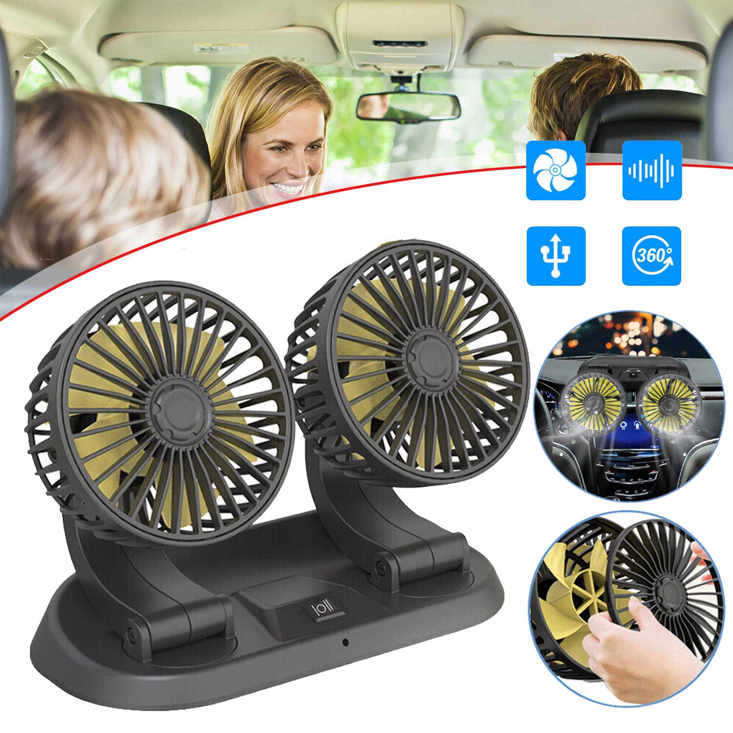 WENTYLATOR SAMOCHODOWY 12 V, Z PODWÓJNĄ GŁOWICĄ, 2 STOPNIE WENTYLOWANIA