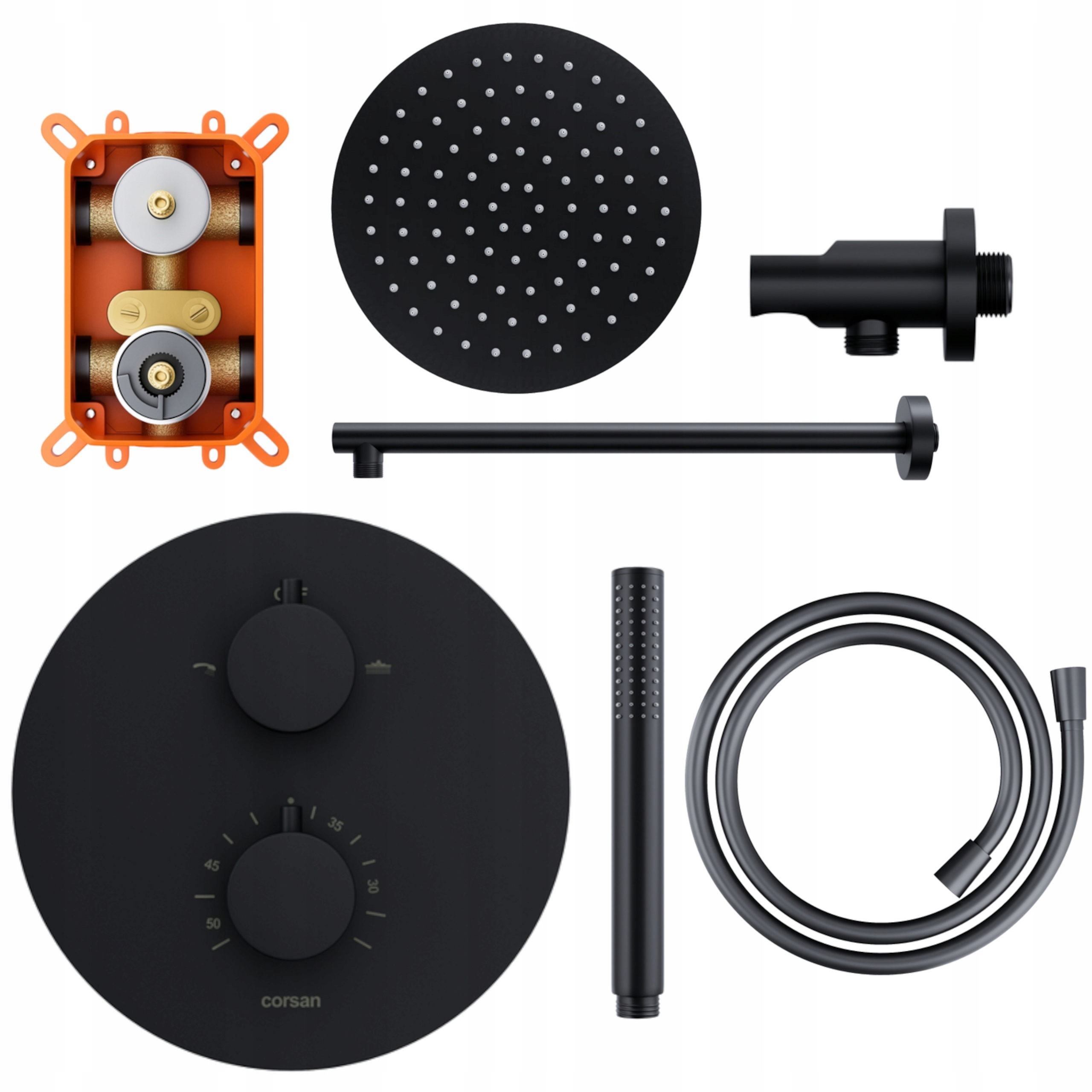 Sprchový Set Tryska Pod Omítku Černý Termostat Dešťová Sprcha 25 CM