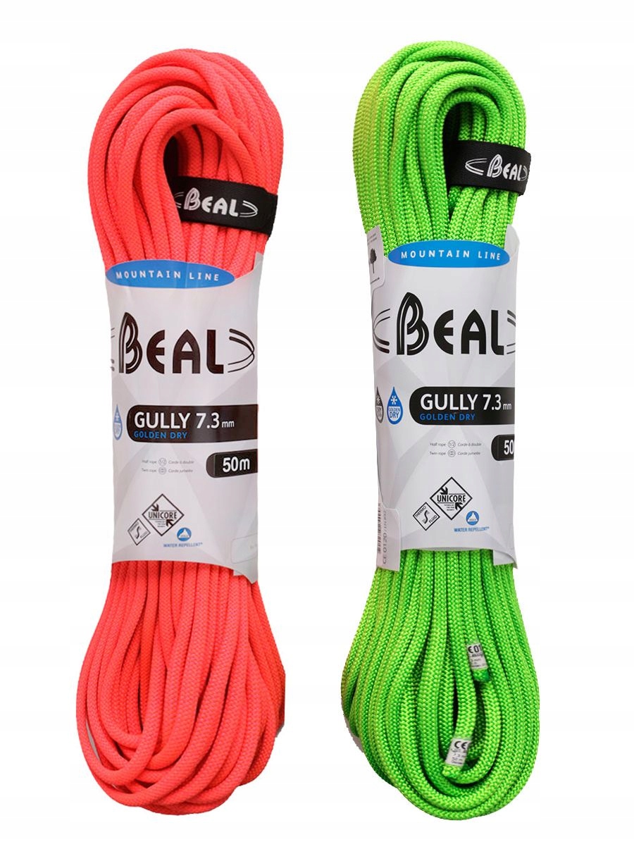 Poloviční lano Beal Gully 7,3 mm 50 m Unicore Golden Dry x 2 oranžová/zelená