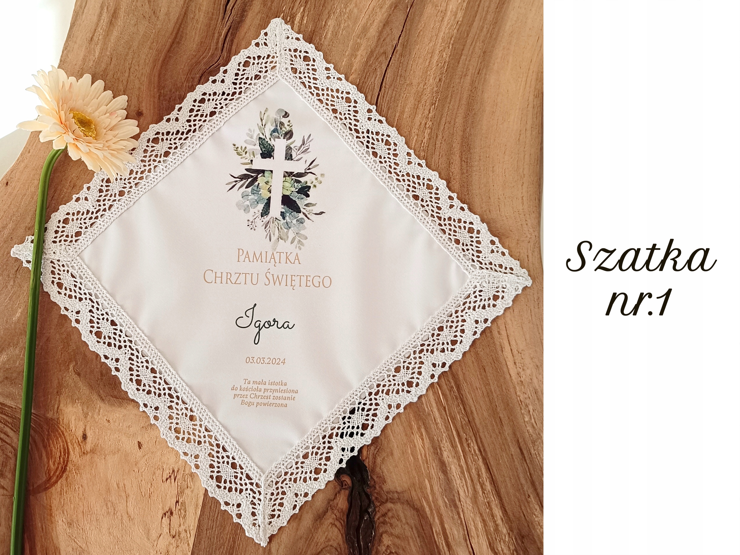 SZATKA DO CHRZTU ŚWIĘTEGO imię i data Marka bez marki