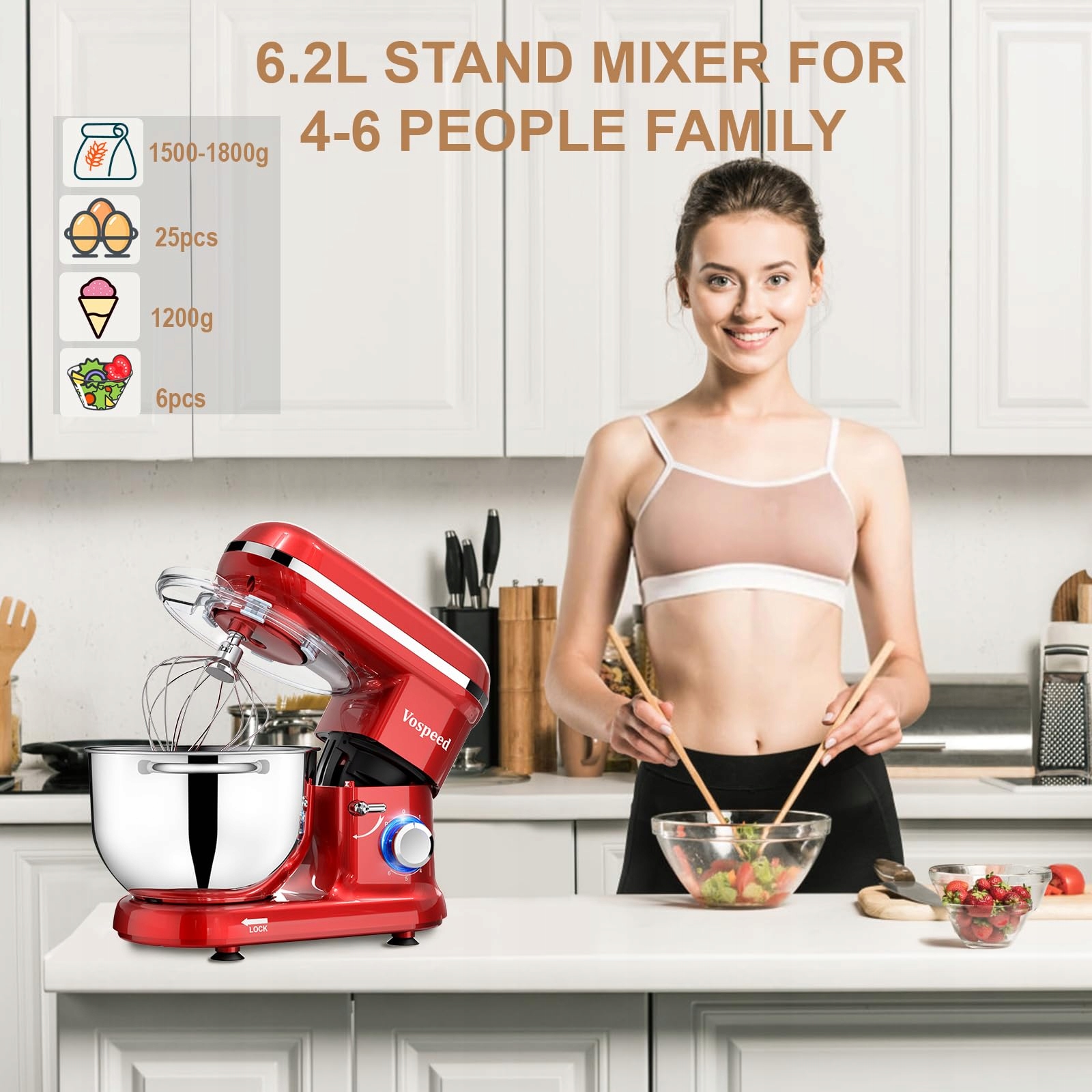 VOSPEED Mikser Kuchenny 1500W 6 Prędkości 6.2L Misa Czerwony — miniatura 5