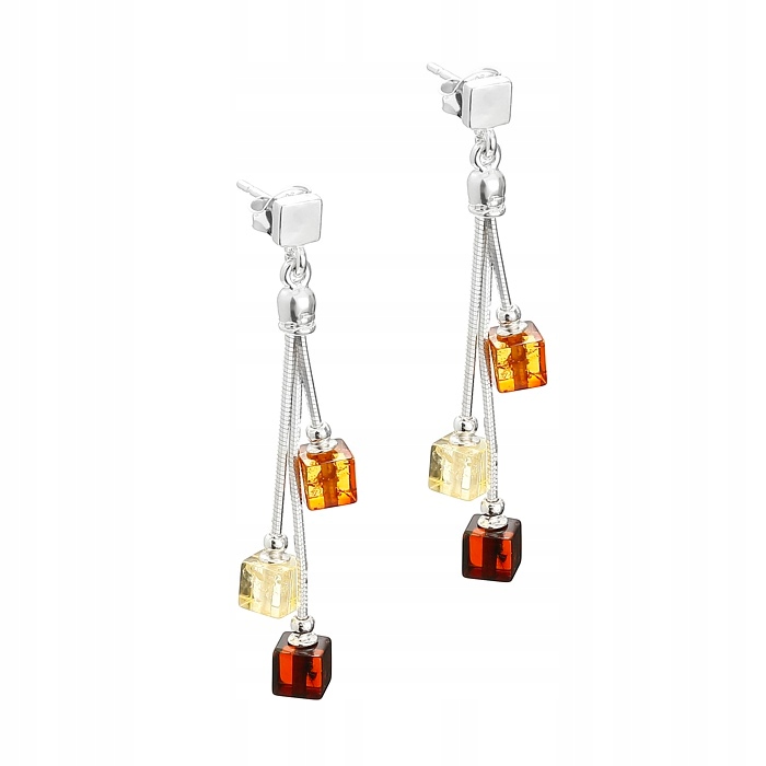 Stříbrné Dlouhé Náušnice S Jantarovými Barevnými Kostkami