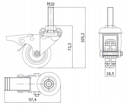 KOŁO MEBLOWE fi 50 SKRĘTNE Z HAMULCEM GWINT M10 Kod producenta M54TH*M10