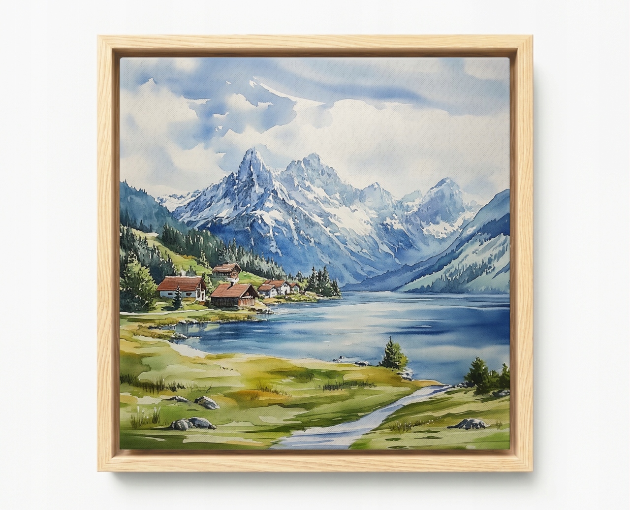 Obraz Rám American Box Krajina Hory Vrcholky Alpy Jezero Domy Vesnice 40x40